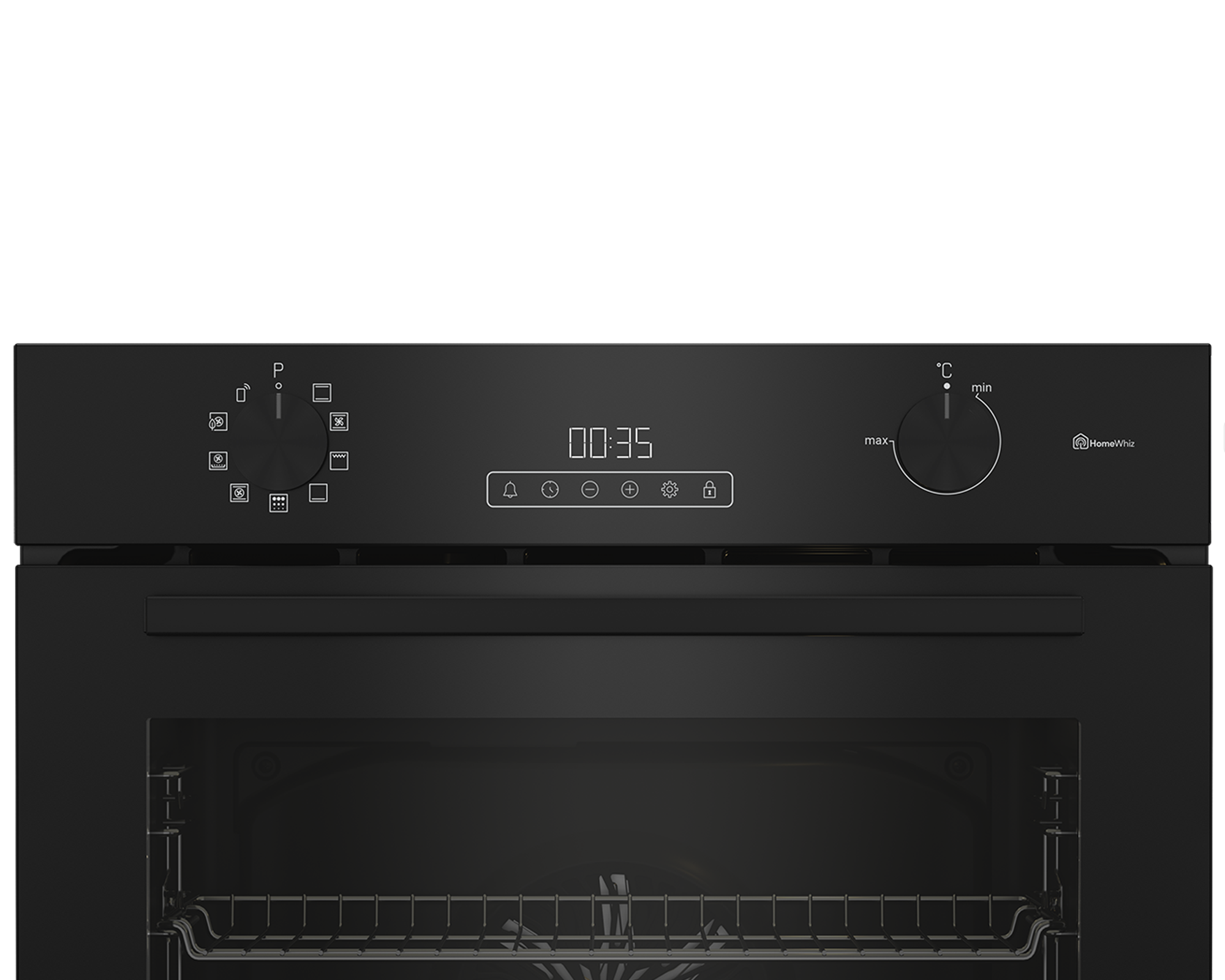 Ein schwarzes Ofenbedienfeld mit zwei Drehknöpfen und einer Digitalanzeige „00:35“, mit verschiedenen Funktionssymbolen.