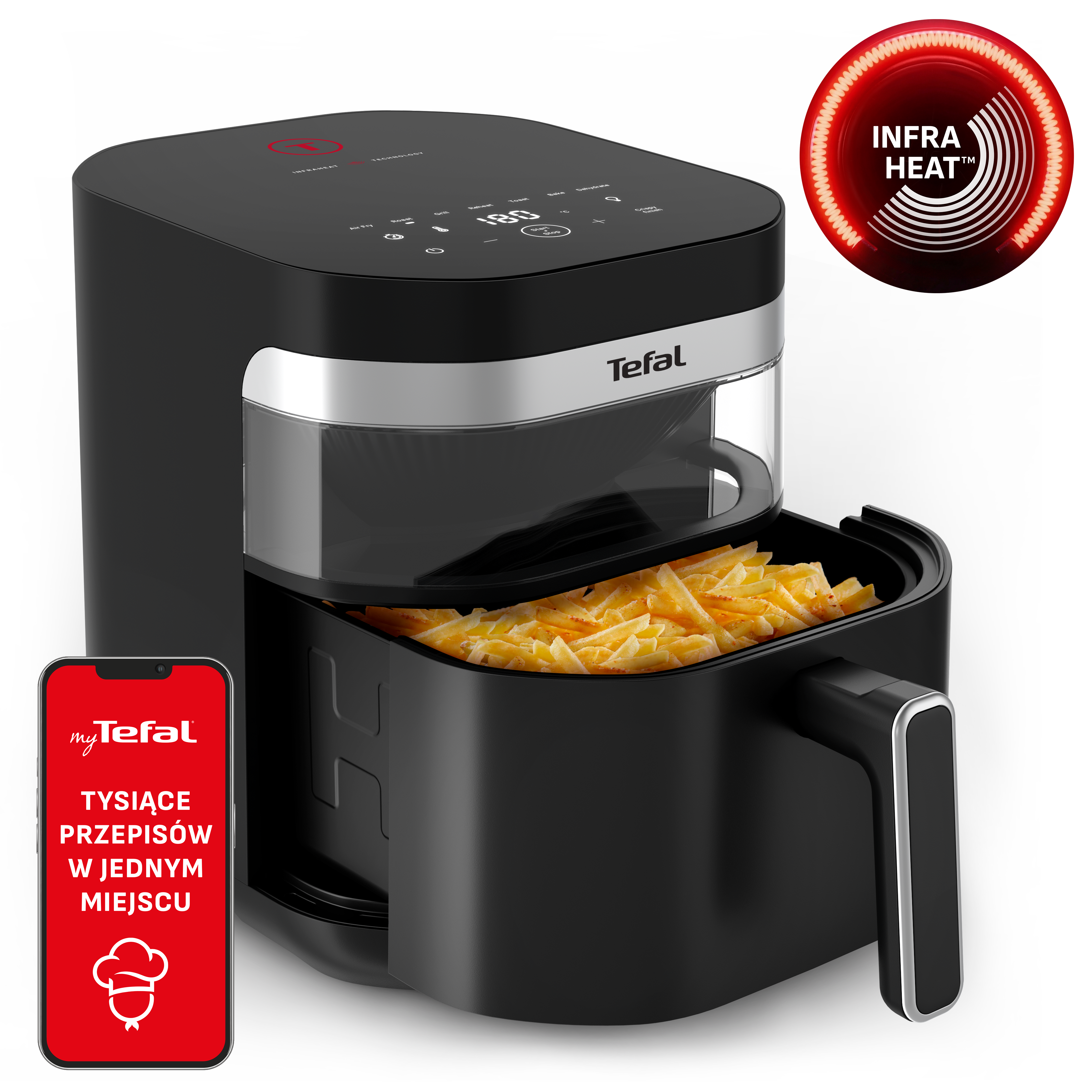 Czarna frytkownica Tefal z frytkami i smartfonem z przepisami.