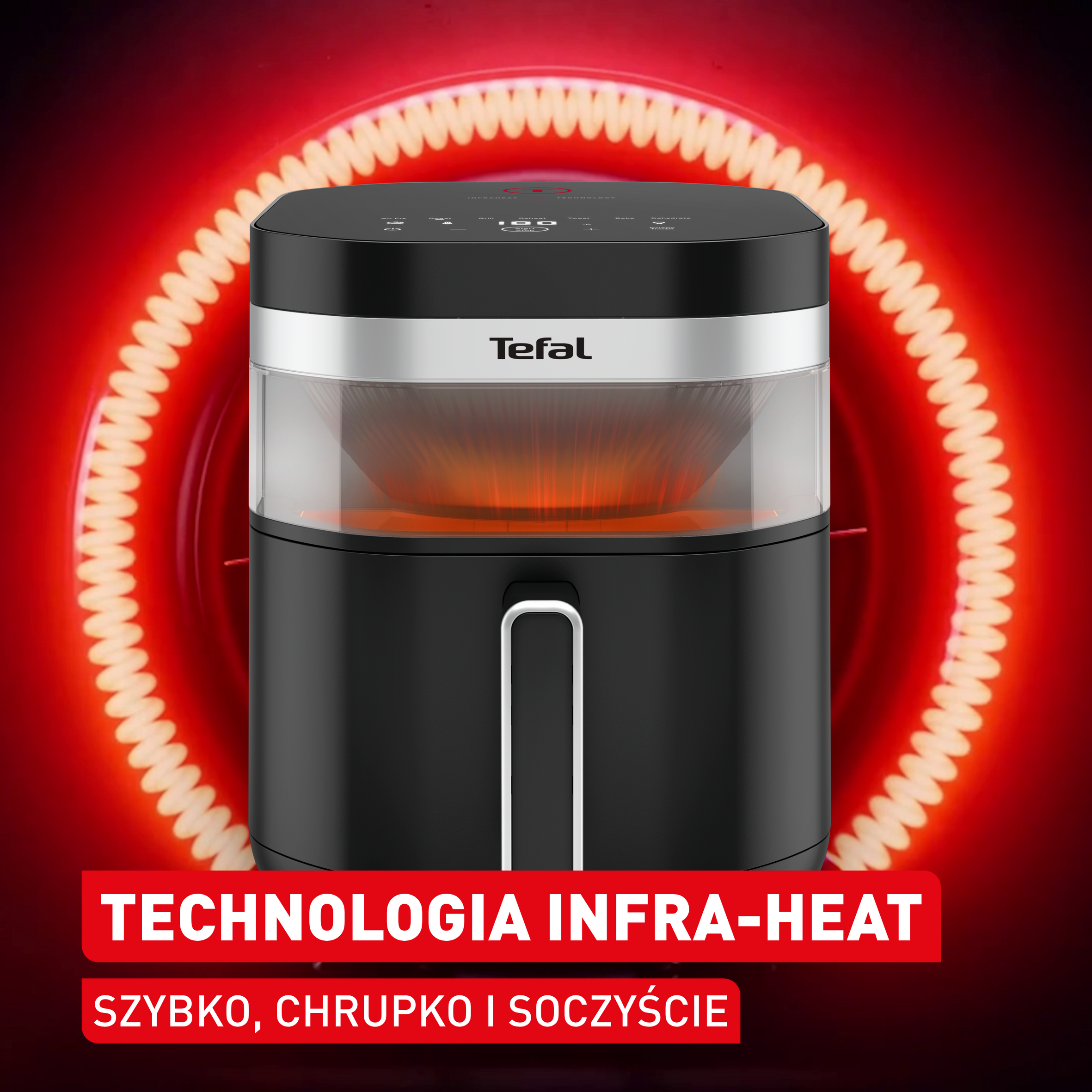 Czarna frytkownica Tefal ze świecącym czerwonym elementem grzewczym.