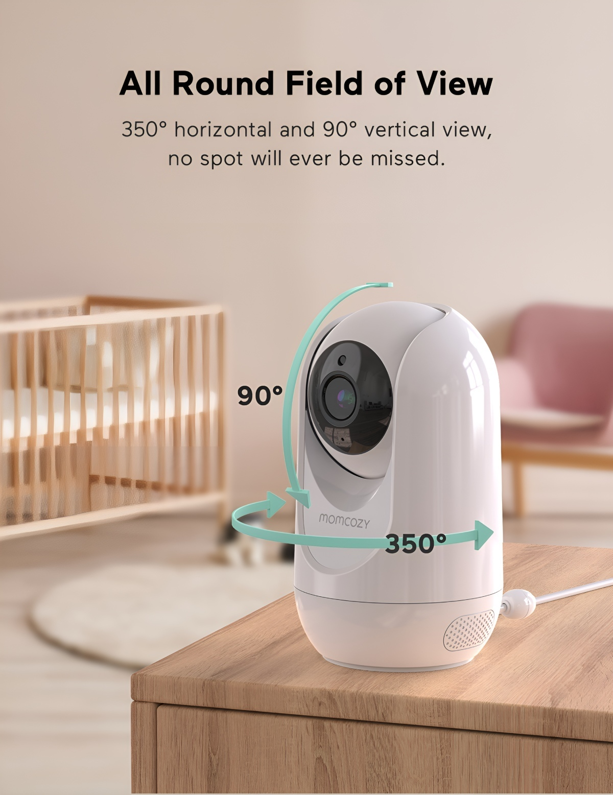 Ein weißer Babyphone mit 350-Grad-Horizontal- und 90-Grad-Vertikalansichtsanzeigen steht auf einer Holzoberfläche.