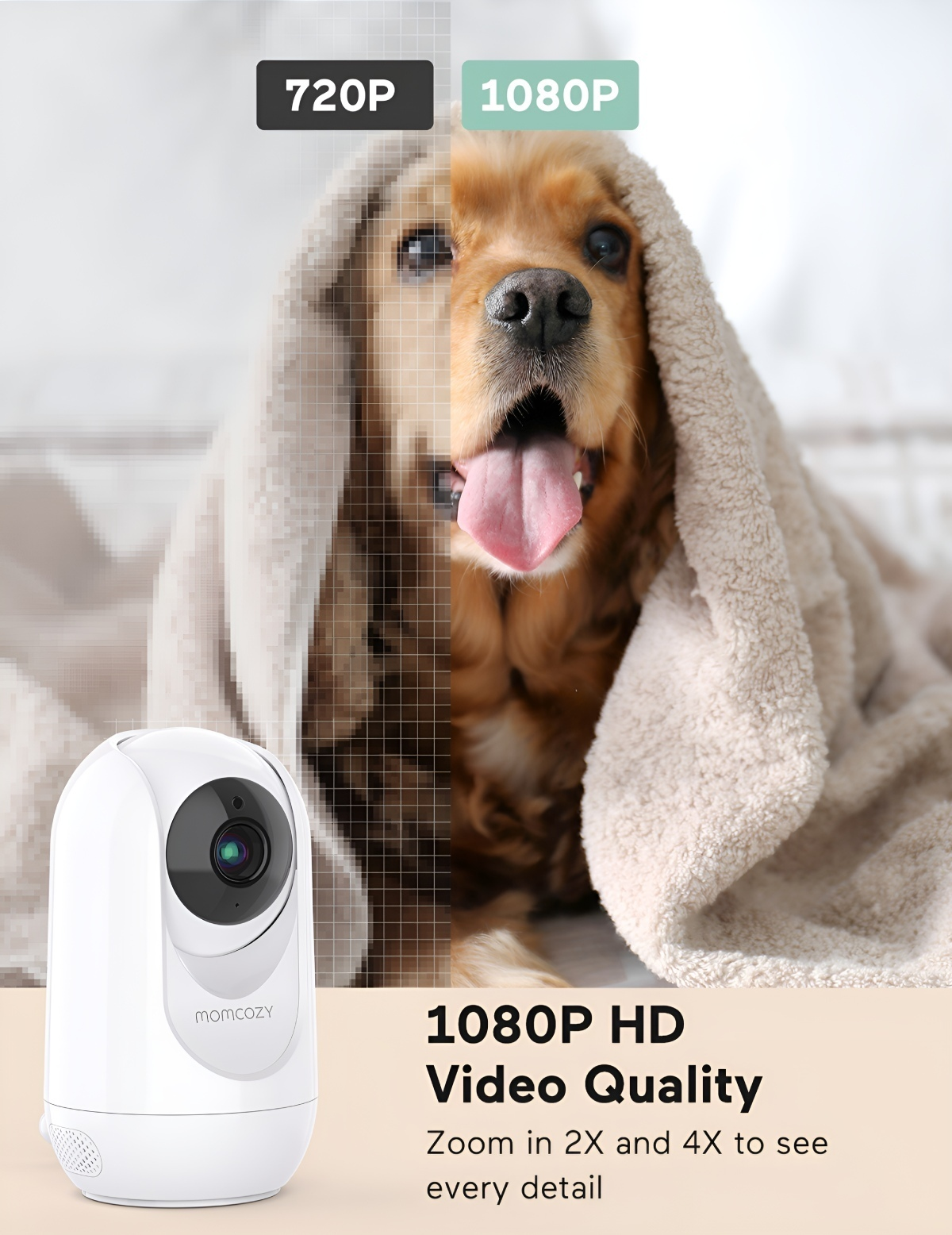 Weiße Überwachungskamera neben einem Hund mit Decke, 720P vs. 1080P HD.