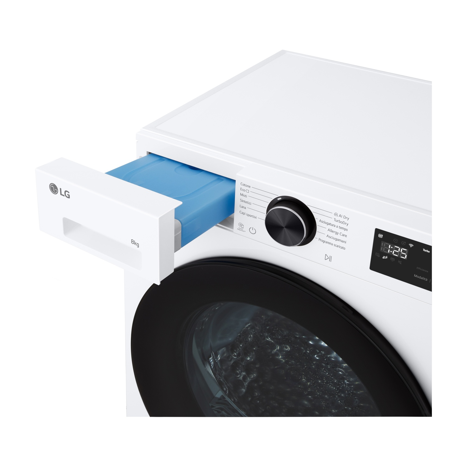 Lavatrice LG bianca con cassetto del detersivo blu parzialmente aperto, manopola di controllo nera e display digitale che mostra "18:25".