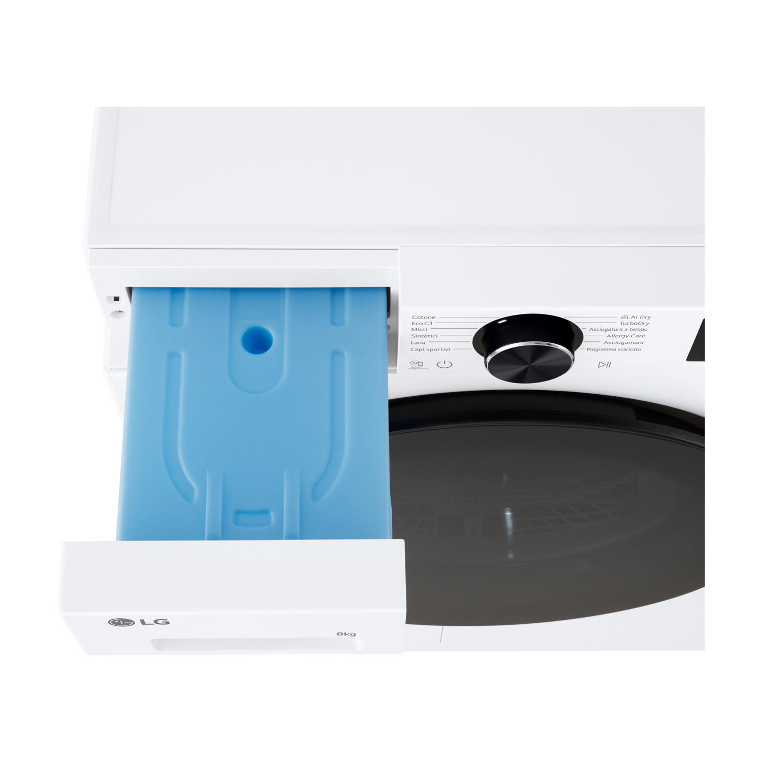 Una lavatrice bianca con un cassetto blu estraibile e pannello di controllo.
