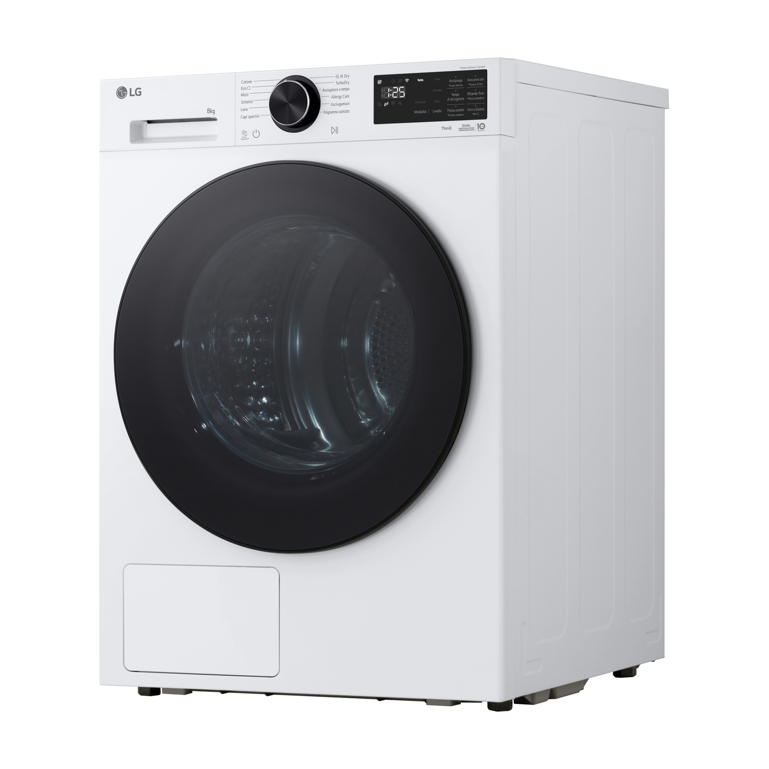 Un'asciugatrice LG bianca a carica frontale da 8 kg, con un grande oblò nero e un display digitale che mostra 1:25.