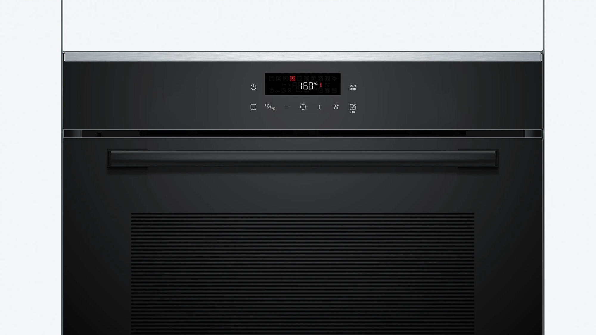 Fekete sütő kezelőpanel digitális kijelzővel, 160 Celsius-fokot mutatva.