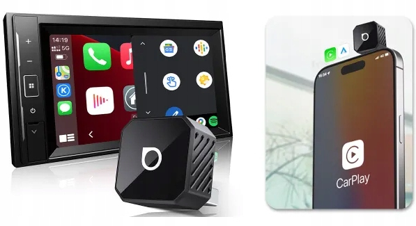 Ekran multimedialny samochodu i smartfon z interfejsem CarPlay.