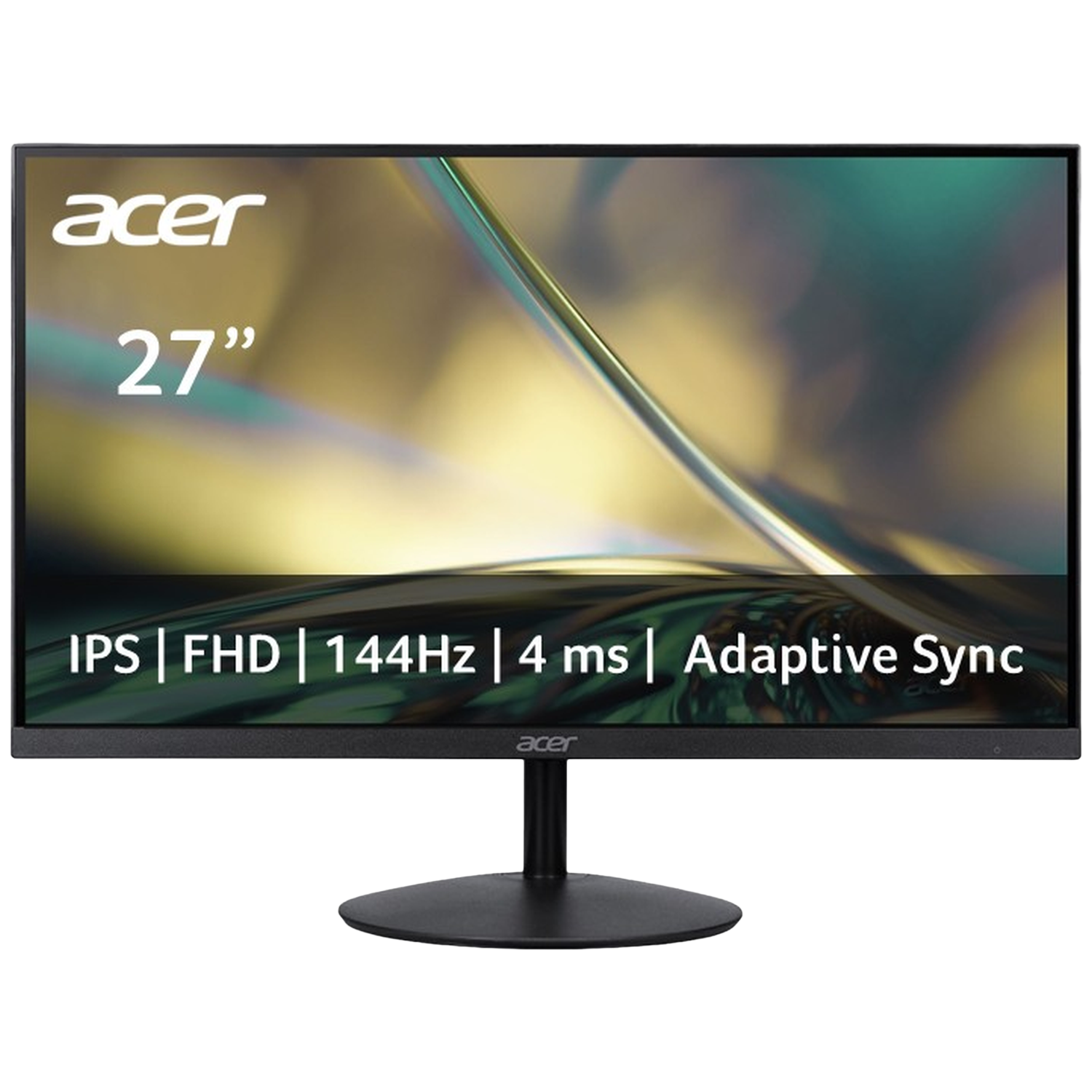 Een zwarte Acer 27-inch monitor met IPS, FHD, 144Hz en 4ms responstijd.