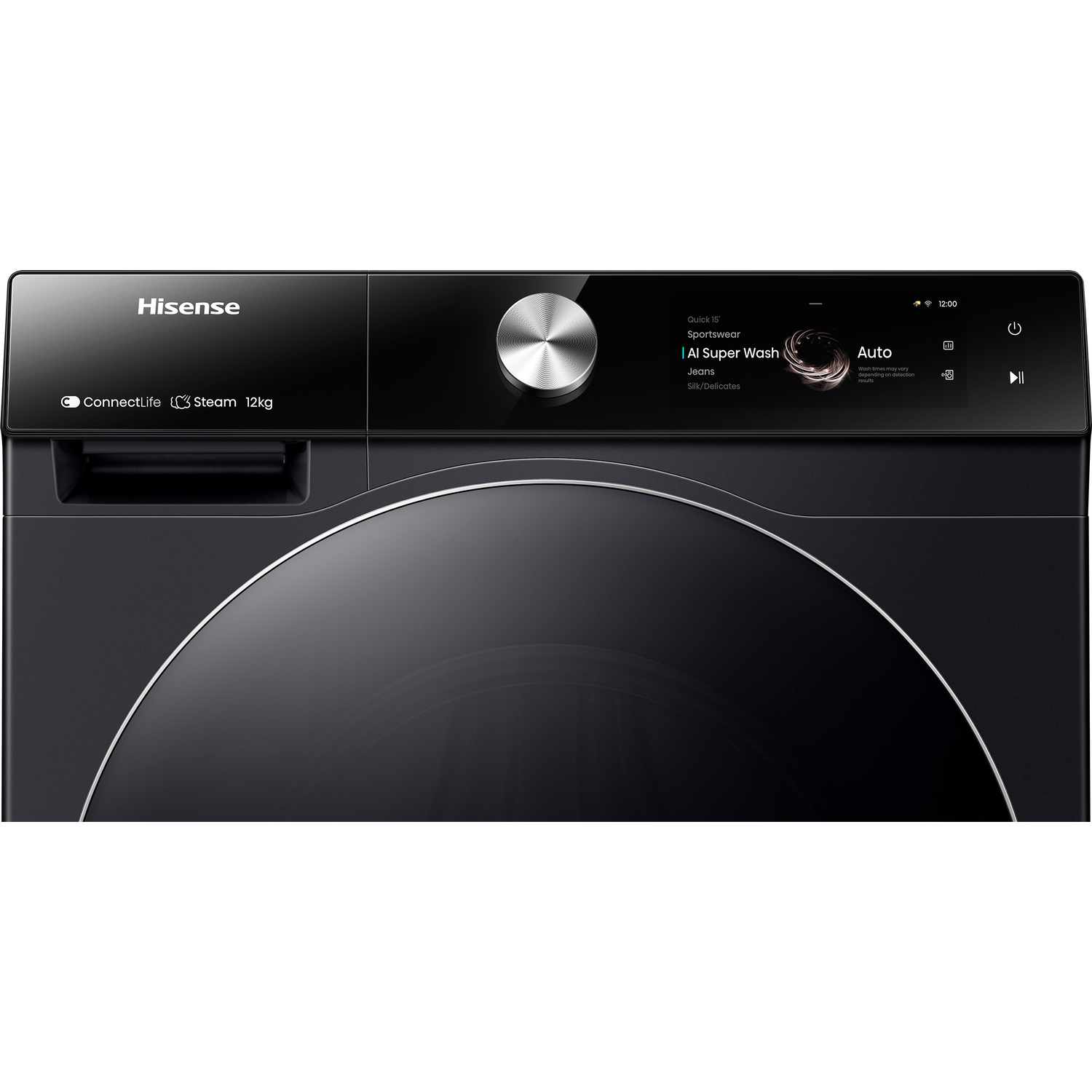 Close-up van een zwarte Hisense wasmachine met een bedieningspaneel dat 