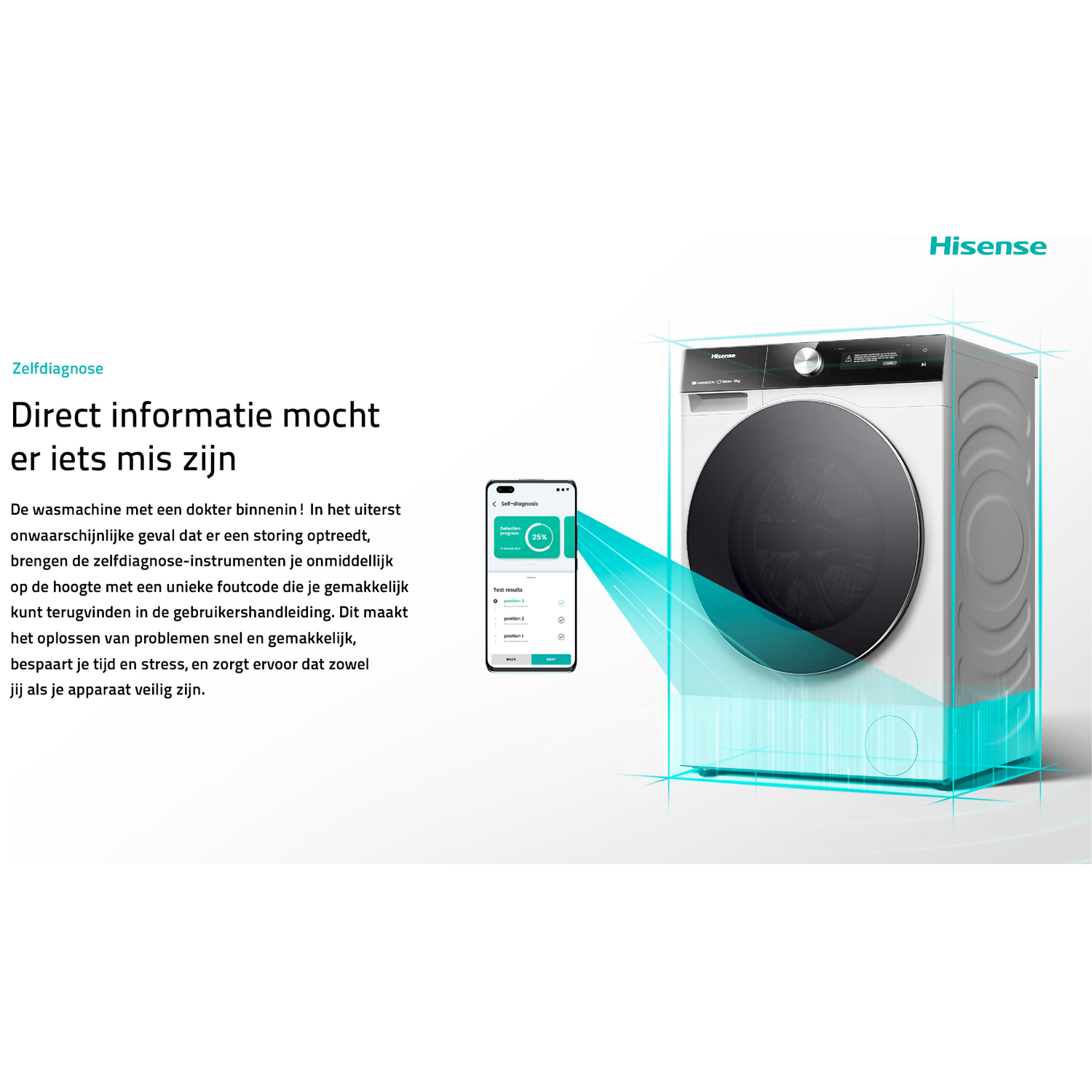Hisense wasmachine met display en mobiele app voor zelfdiagnose.