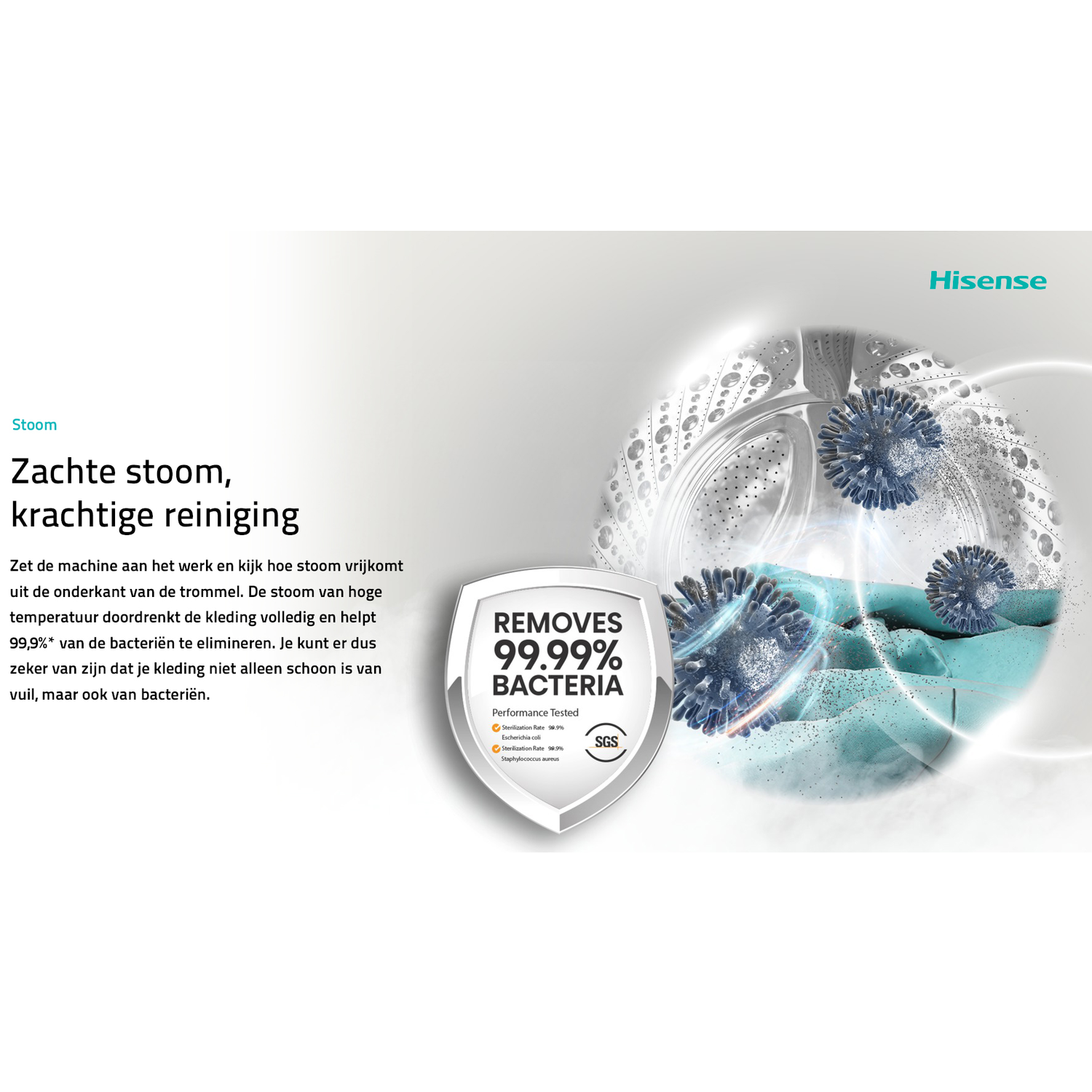 Wasmachinetrommel met stoom en bacteriën grafisch. Hisense logo.