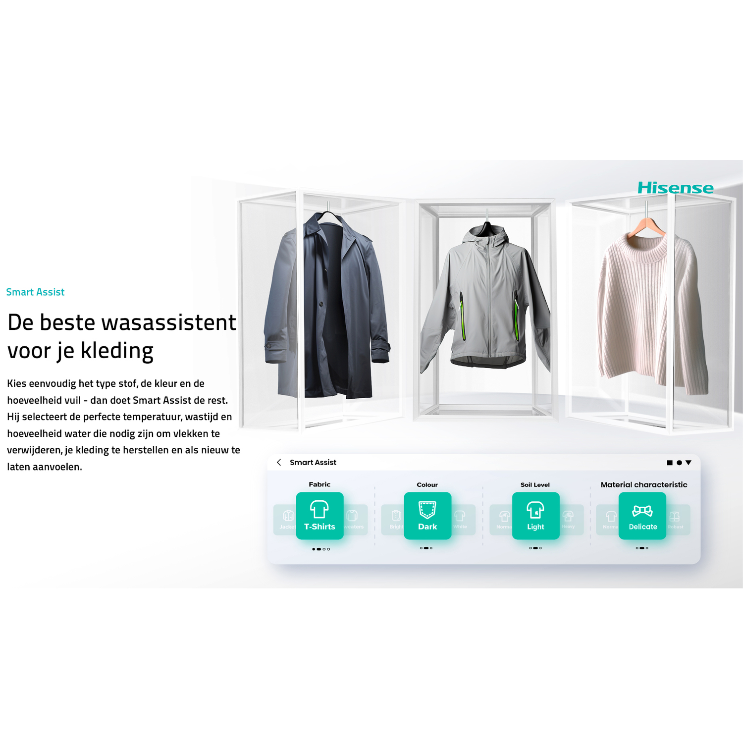 Drie kledingstukken: jas, jack, trui. App-interface onderaan.