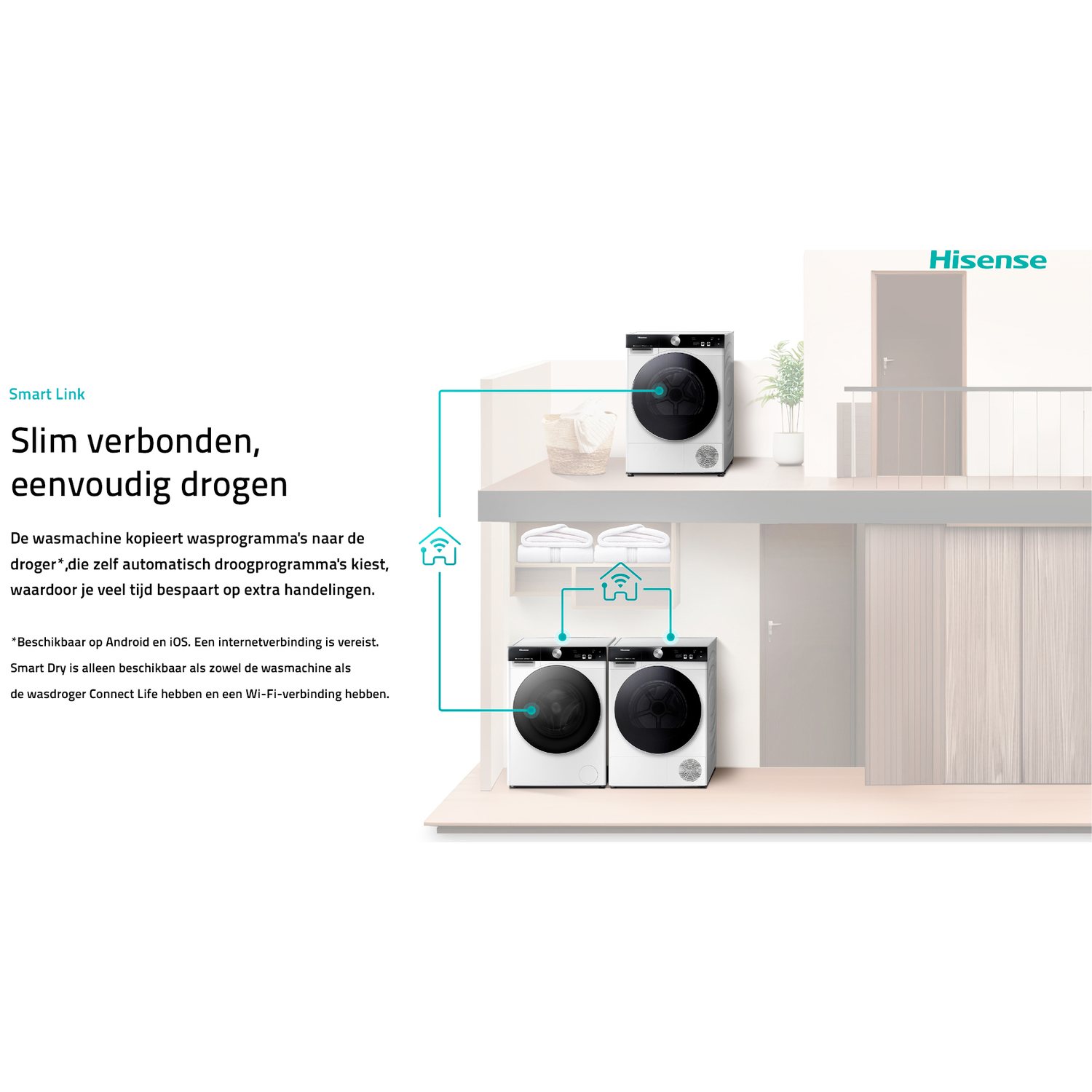 Hisense wasmachine en droger, verbonden voor gemakkelijk drogen.
