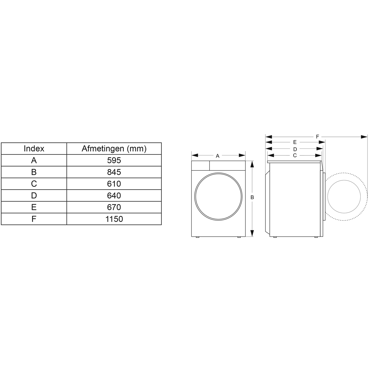 Diagram van een wasmachine met afmetingen en een tabel met index en maten.