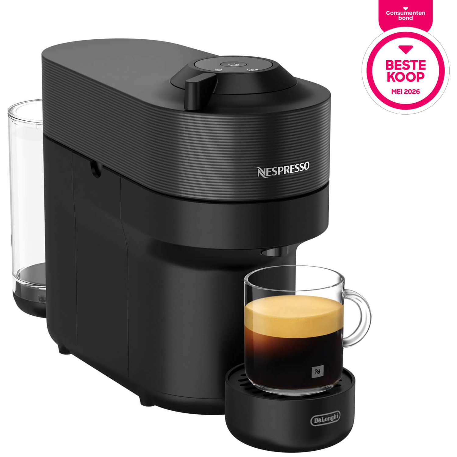 Zwarte Nespresso koffiemachine met waterreservoir en koffiekopje.