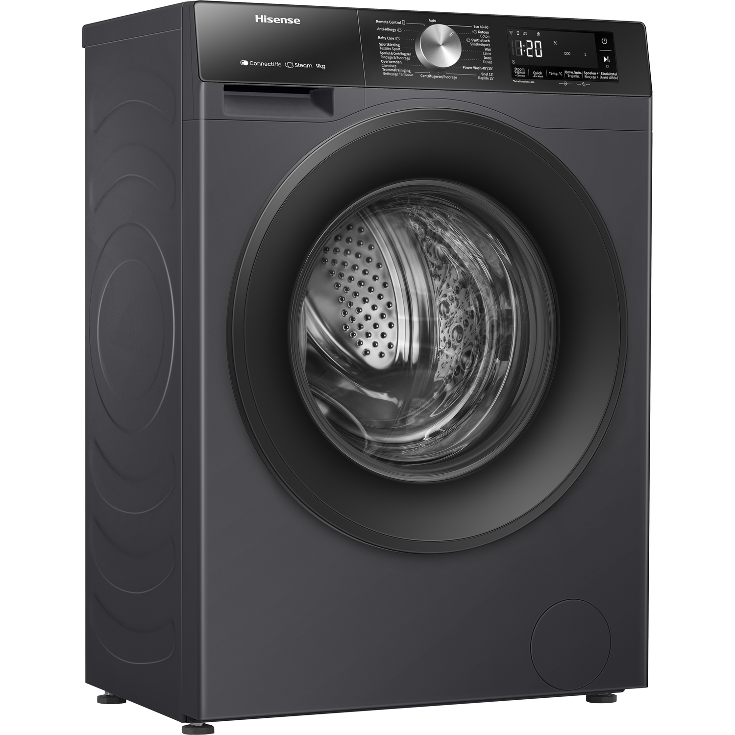 Een donkere Hisense wasmachine met een rond patrijspoortdeur en een digitaal bedieningspaneel.