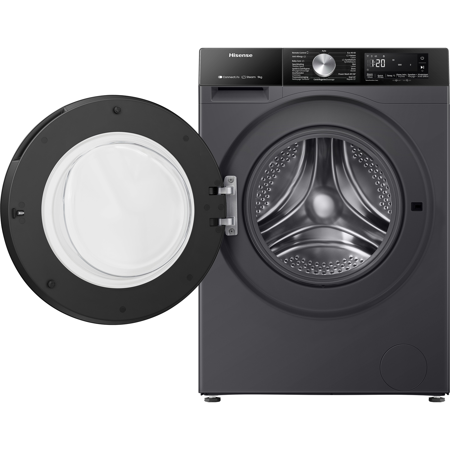 Een donkergrijze Hisense wasmachine met open deur en digitaal display.