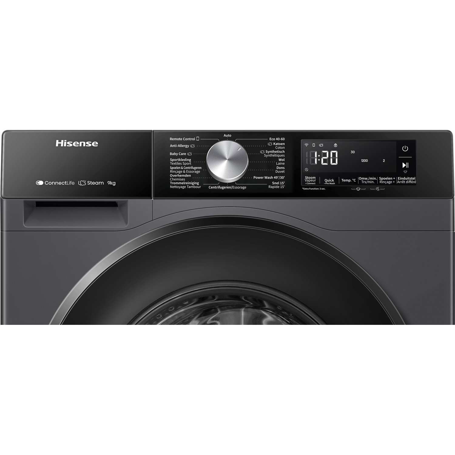 Bedieningspaneel van een Hisense wasmachine met programma selectie, digitaal display en bedieningselementen.