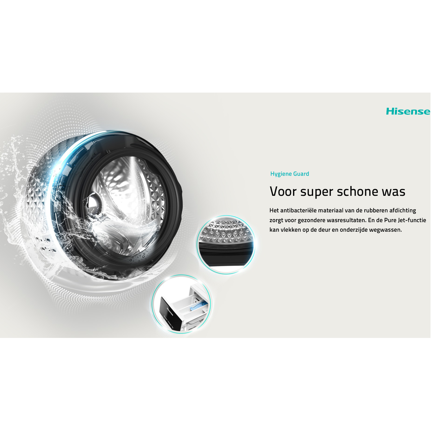 Wasmachine met water en schuim, met lader en Hisense-logo.
