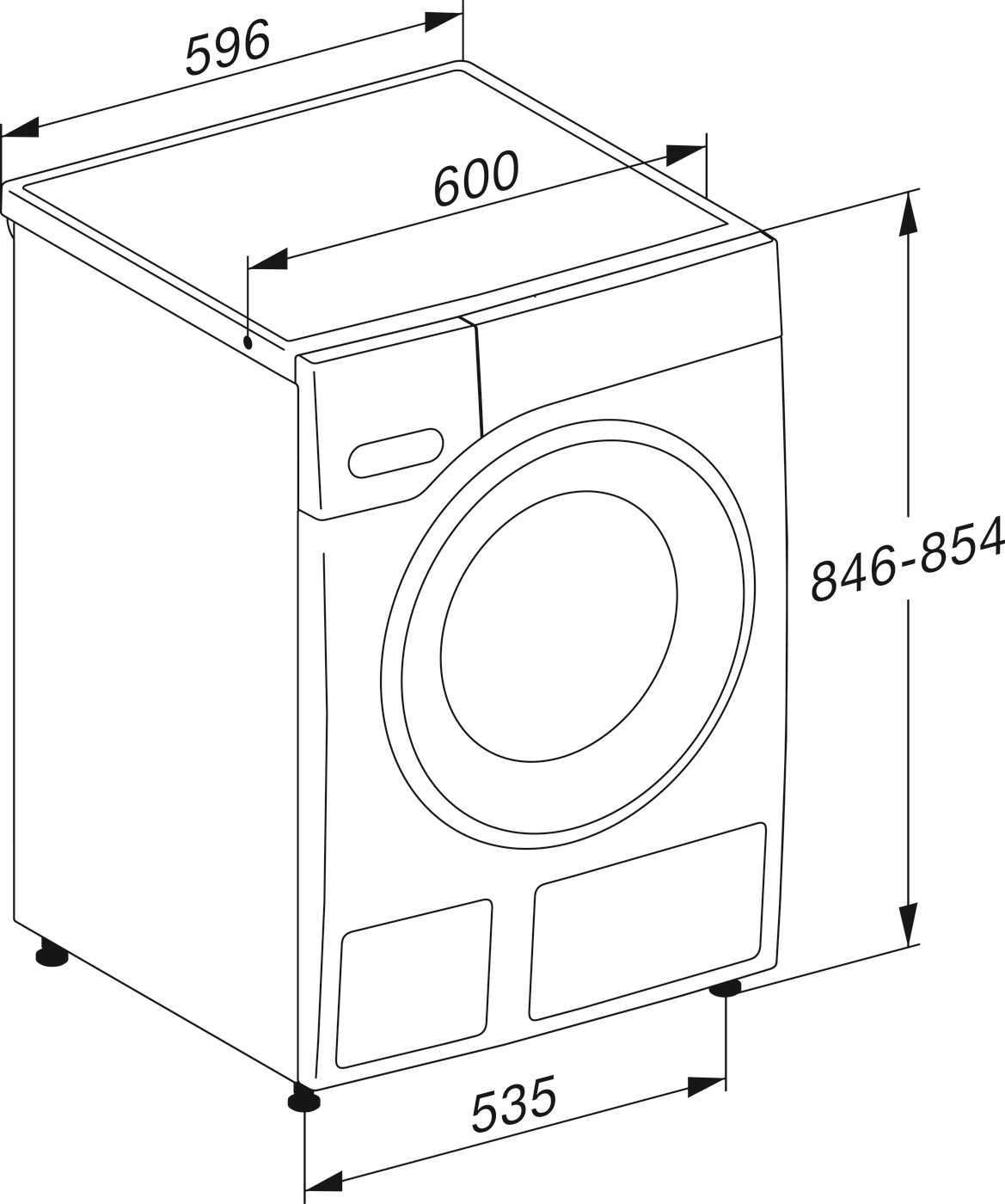 Technische Zeichnung einer Waschmaschine mit Maßen.