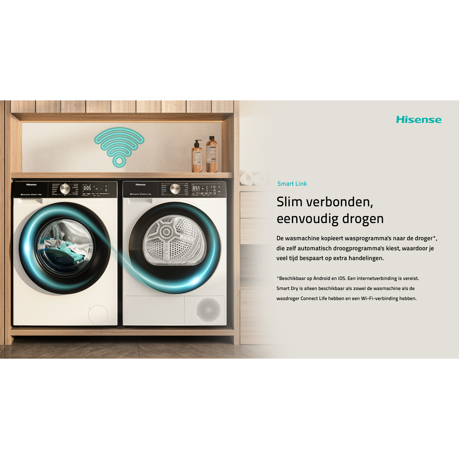 Hisense wasmachine en droger met wifi-symbool en tekst.