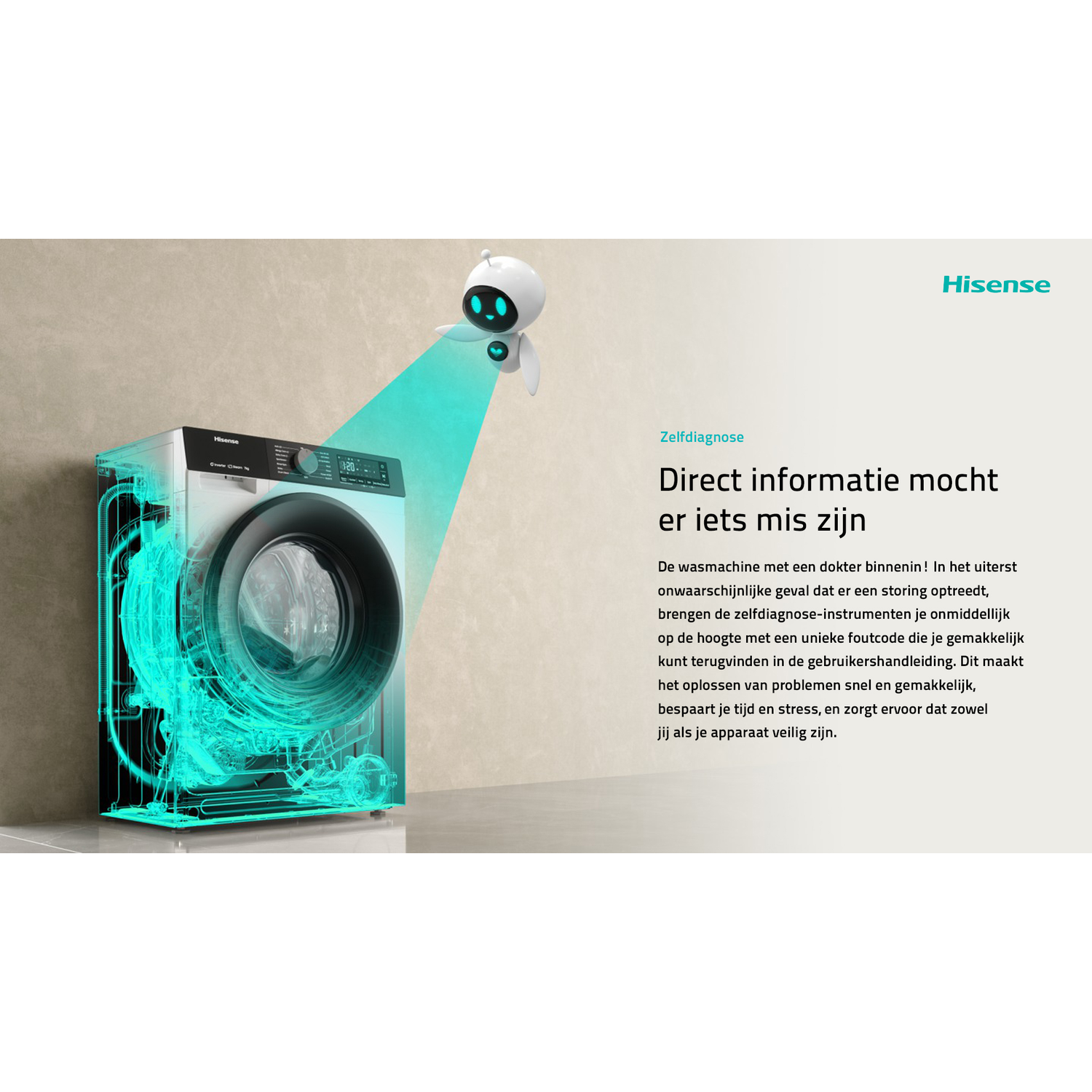 Een robot scant een wasmachine met blauwe diagnostische technologie.
