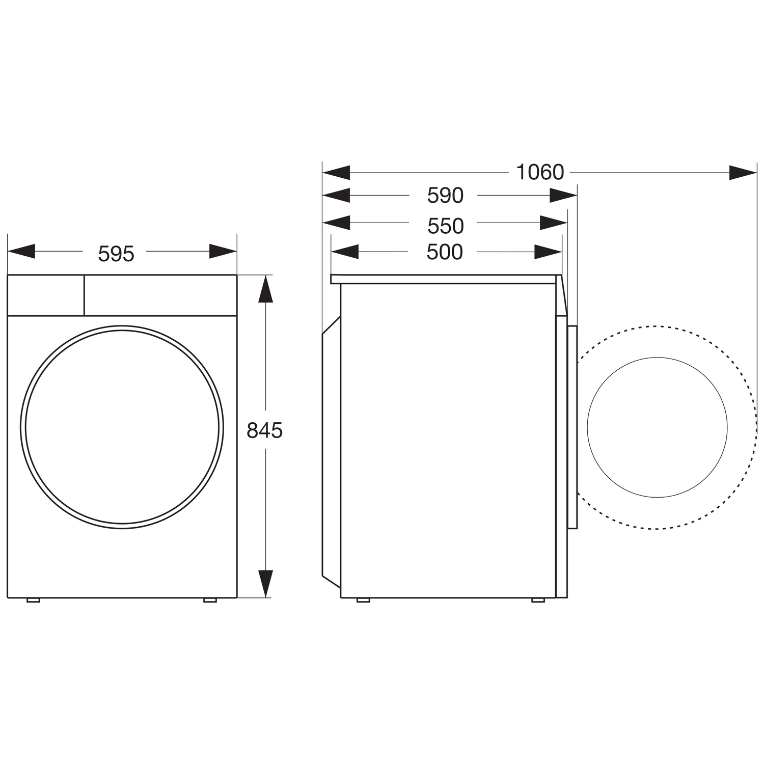 Technische tekening van een wasmachine met afmetingen: breedte 595mm, hoogte 845mm, diepte 590mm.
