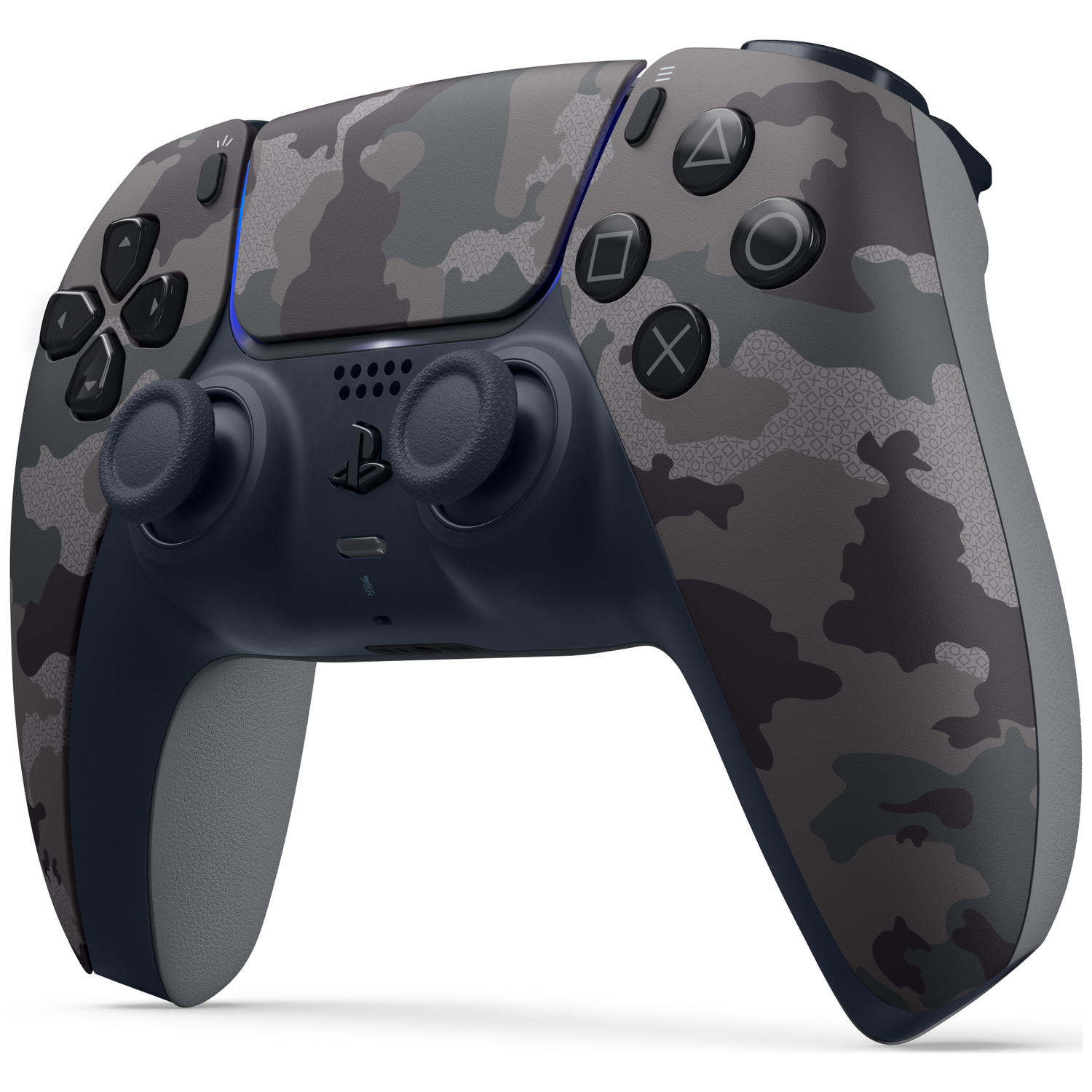 Een camouflage controller met donkere en grijze patronen op witte achtergrond.