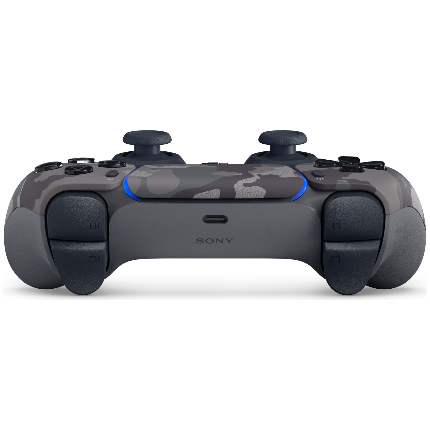 Grijze camouflage controller met zwarte knoppen en blauwe lichten.