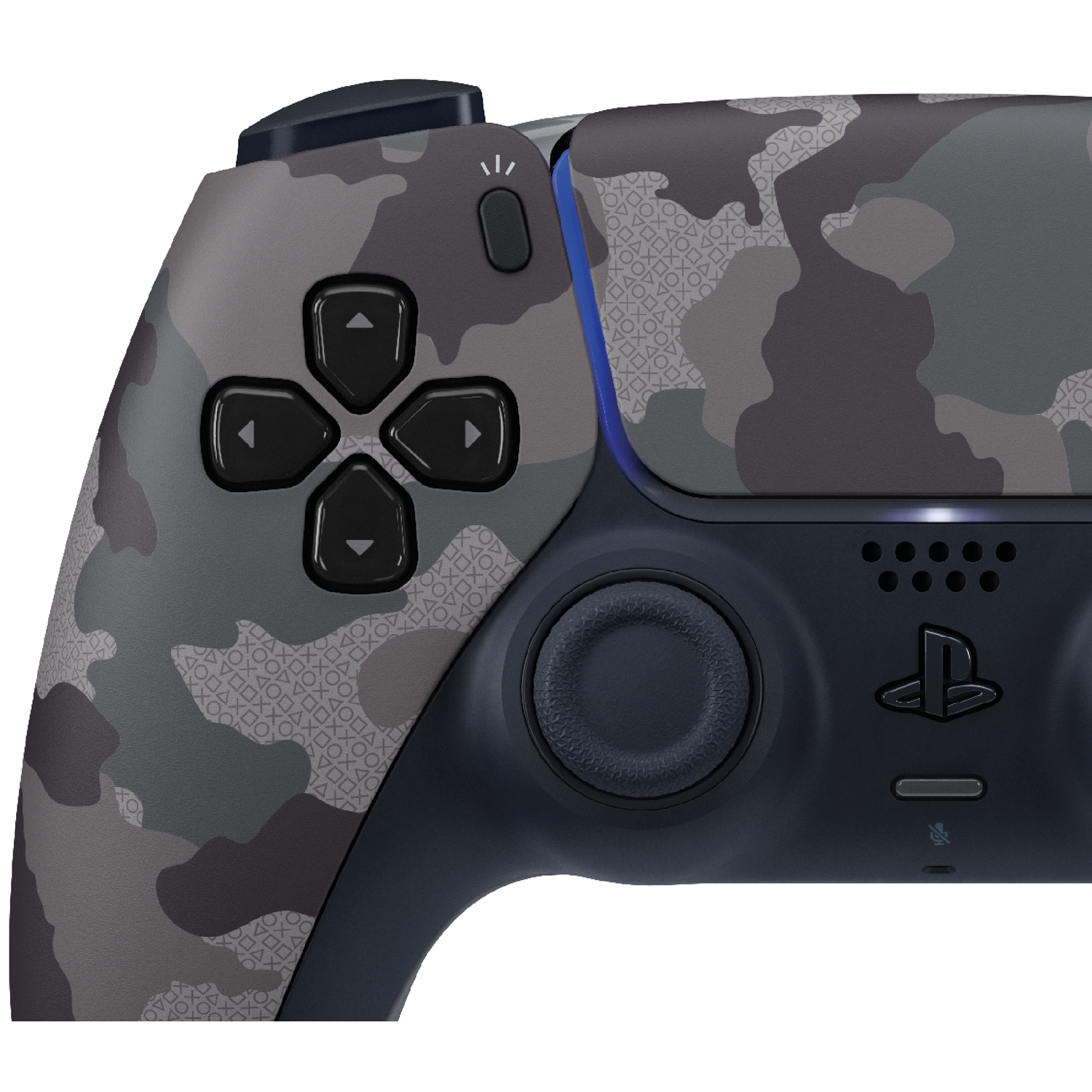Een grijze camouflage gamecontroller met zwarte knoppen en een blauwe lichtstrip.