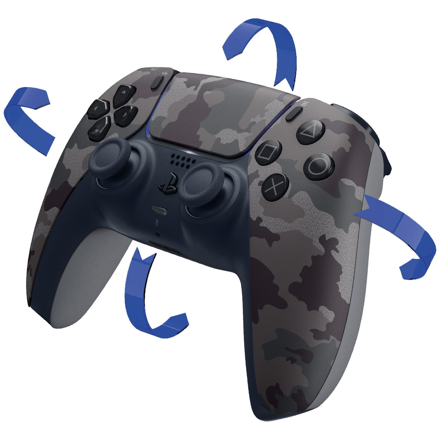Een camouflage controller met blauwe pijlen die rotatie aangeven.