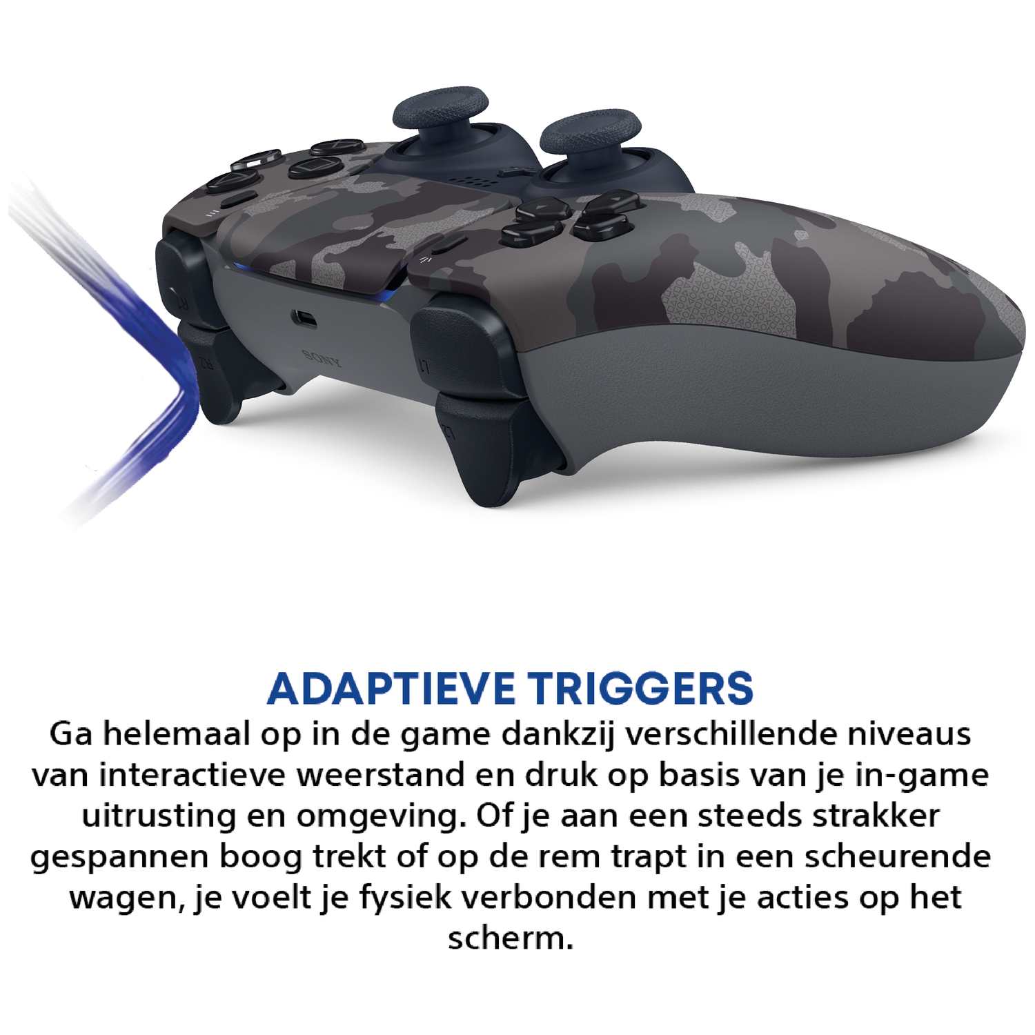 Een camouflage controller met blauwe lichteffecten.