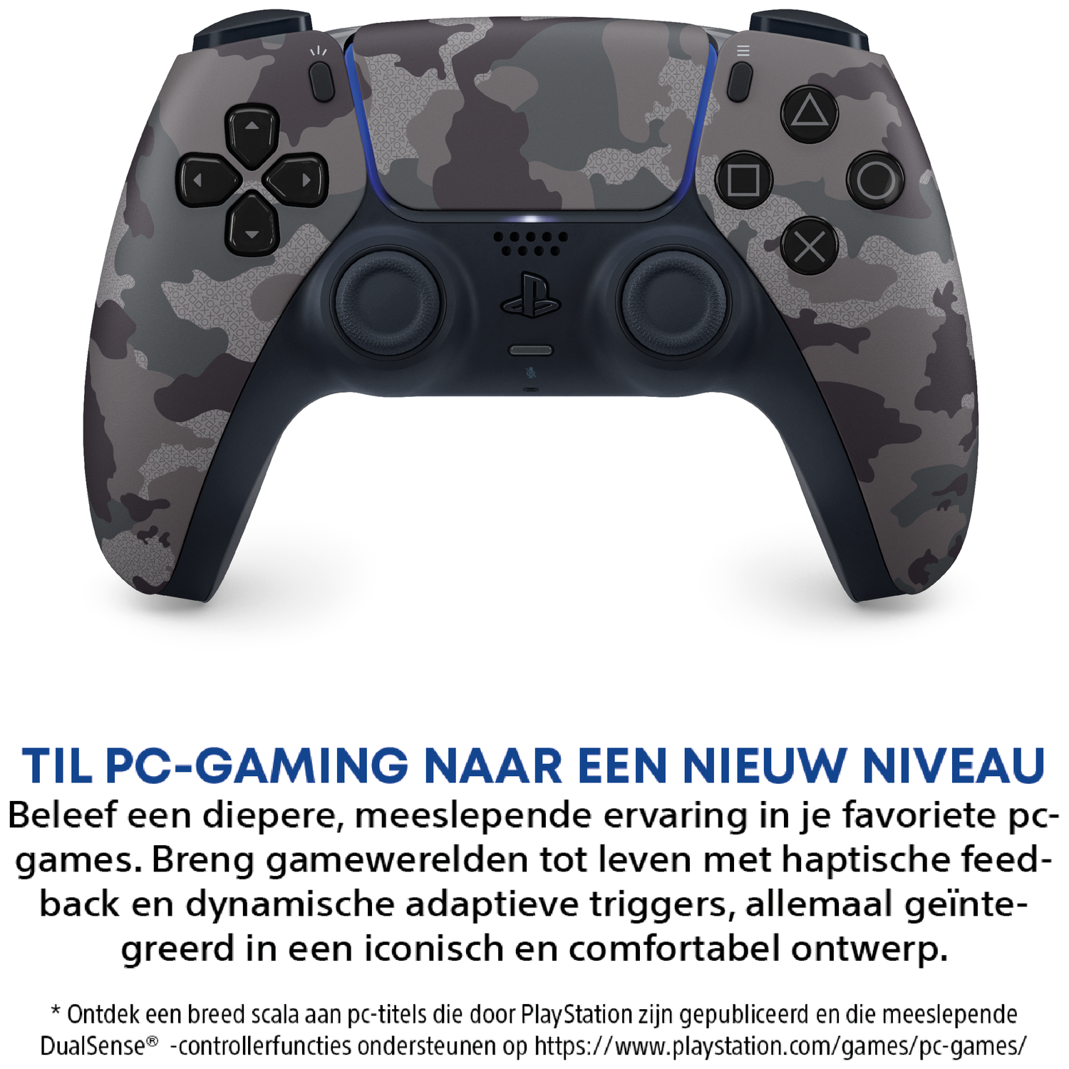 Een PS5 controller met camouflagepatroon voor pc-gaming, gedetailleerd getoond.
