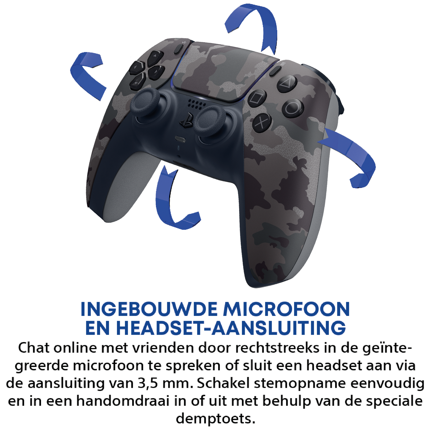 PS5 controller met camouflageprint en blauwe pijlen die functies aangeven.
