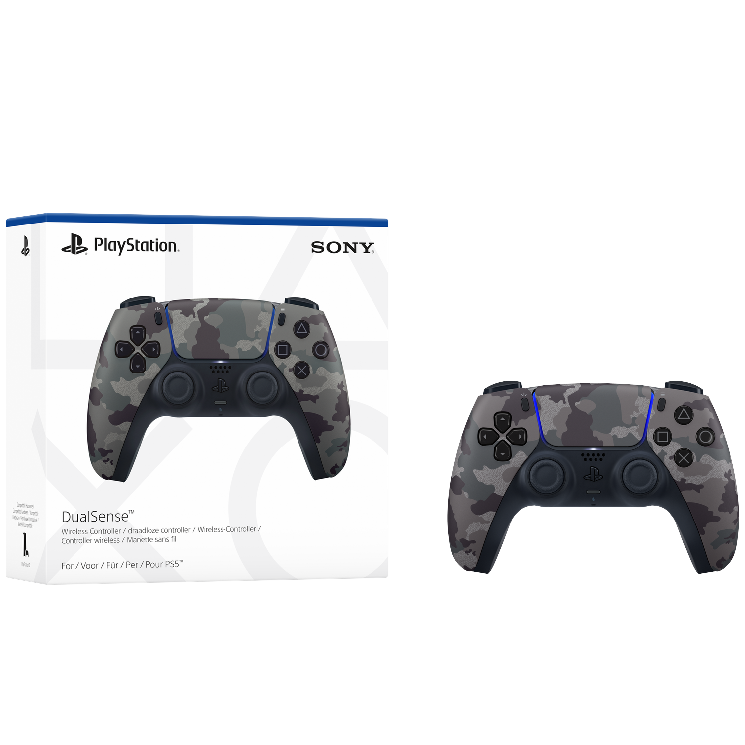 Sony DualSense Draadloze Controller in camouflage print, naast de doos.