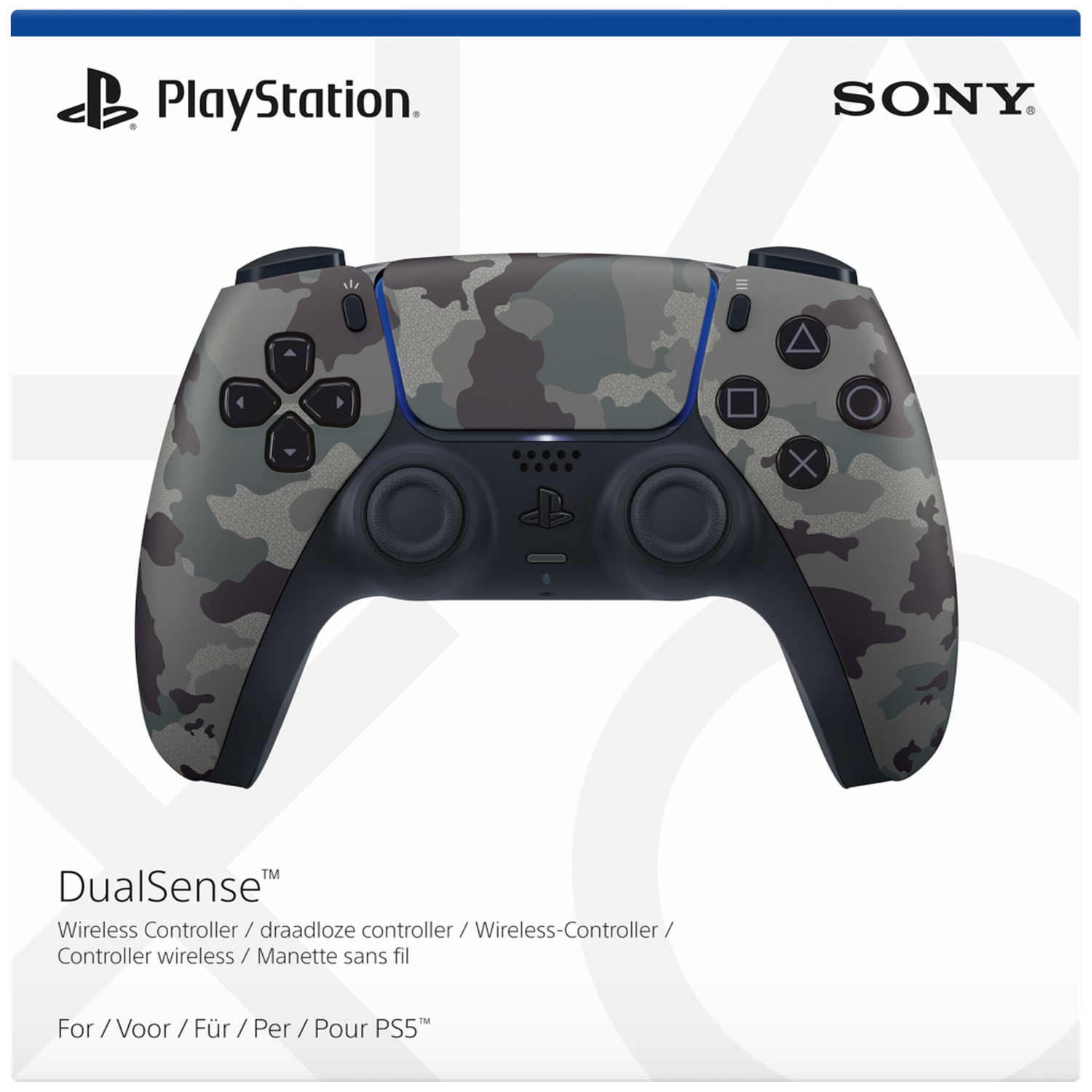 Een PlayStation DualSense controller met camouflagepatroon op grijze achtergrond.
