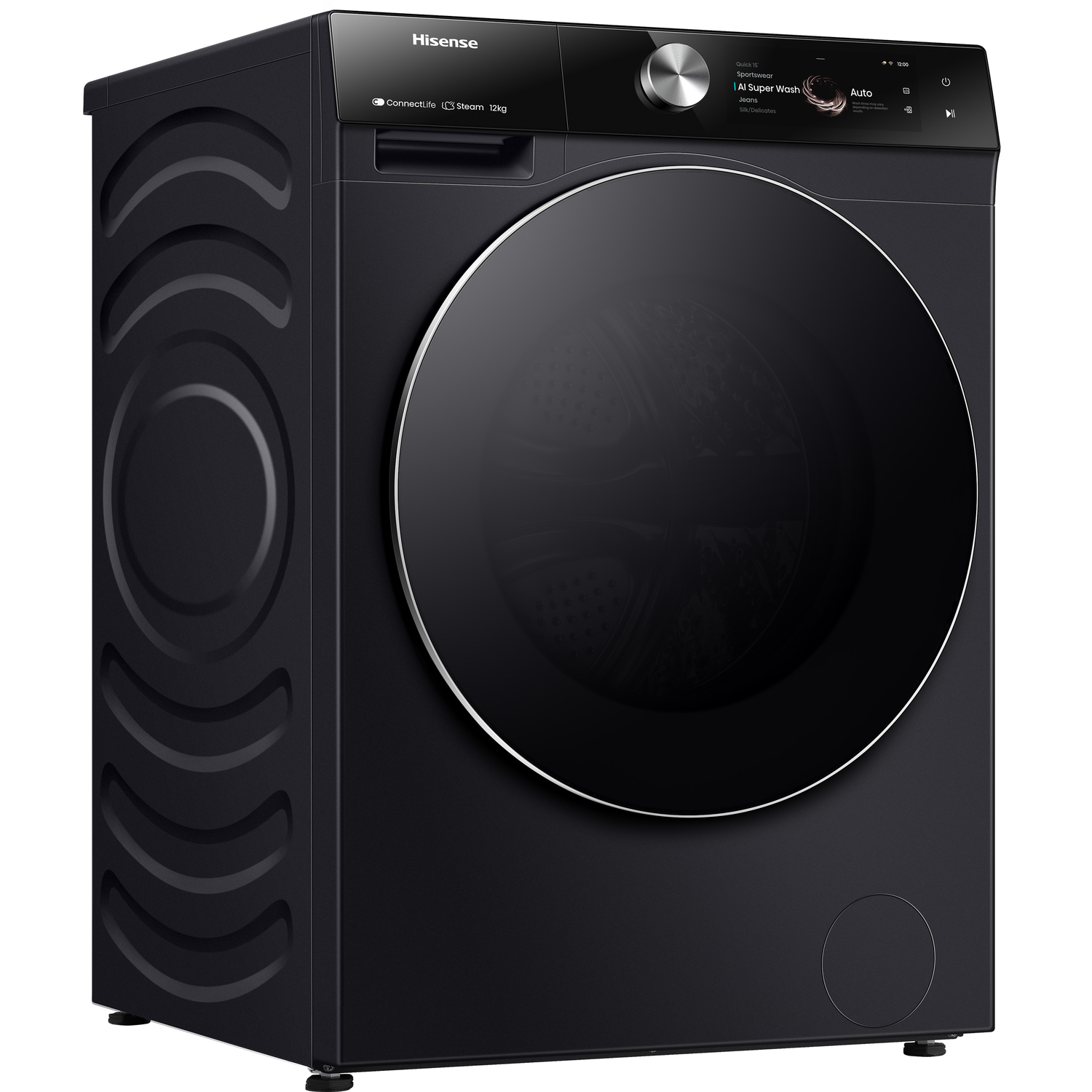 Zwarte Hisense wasmachine met groot glazen deur en digitaal display.