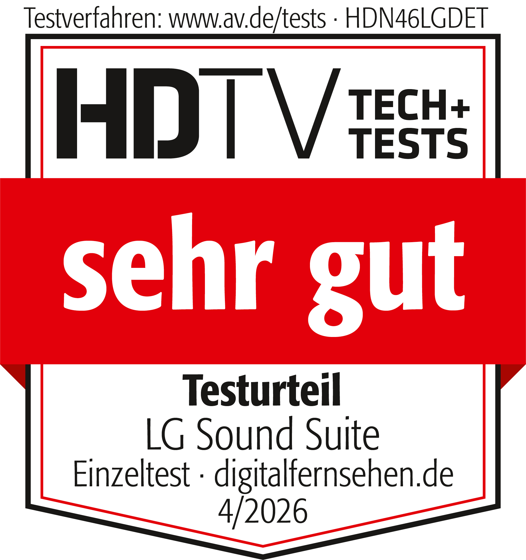Ein weißes und rotes Abzeichen mit schwarzem Text liest „HDTV TECH+ TESTS“ und „sehr gut“.