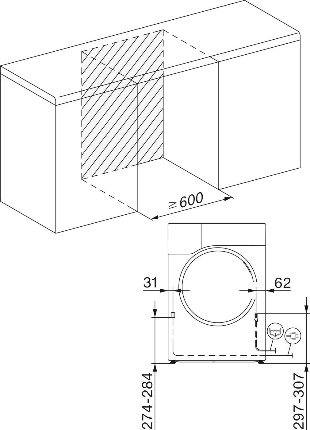 Technische Zeichnung einer Waschmaschine mit Maßangaben.