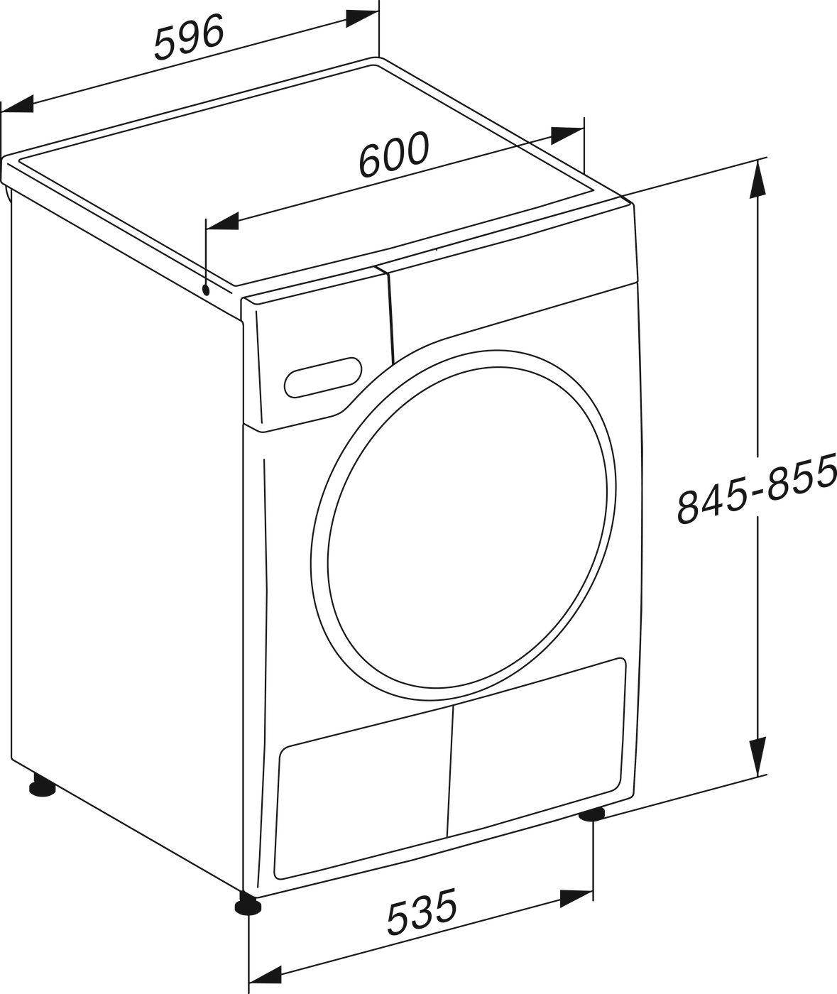 Technische Zeichnung einer Waschmaschine mit Maßen für Breite, Tiefe und Höhe.