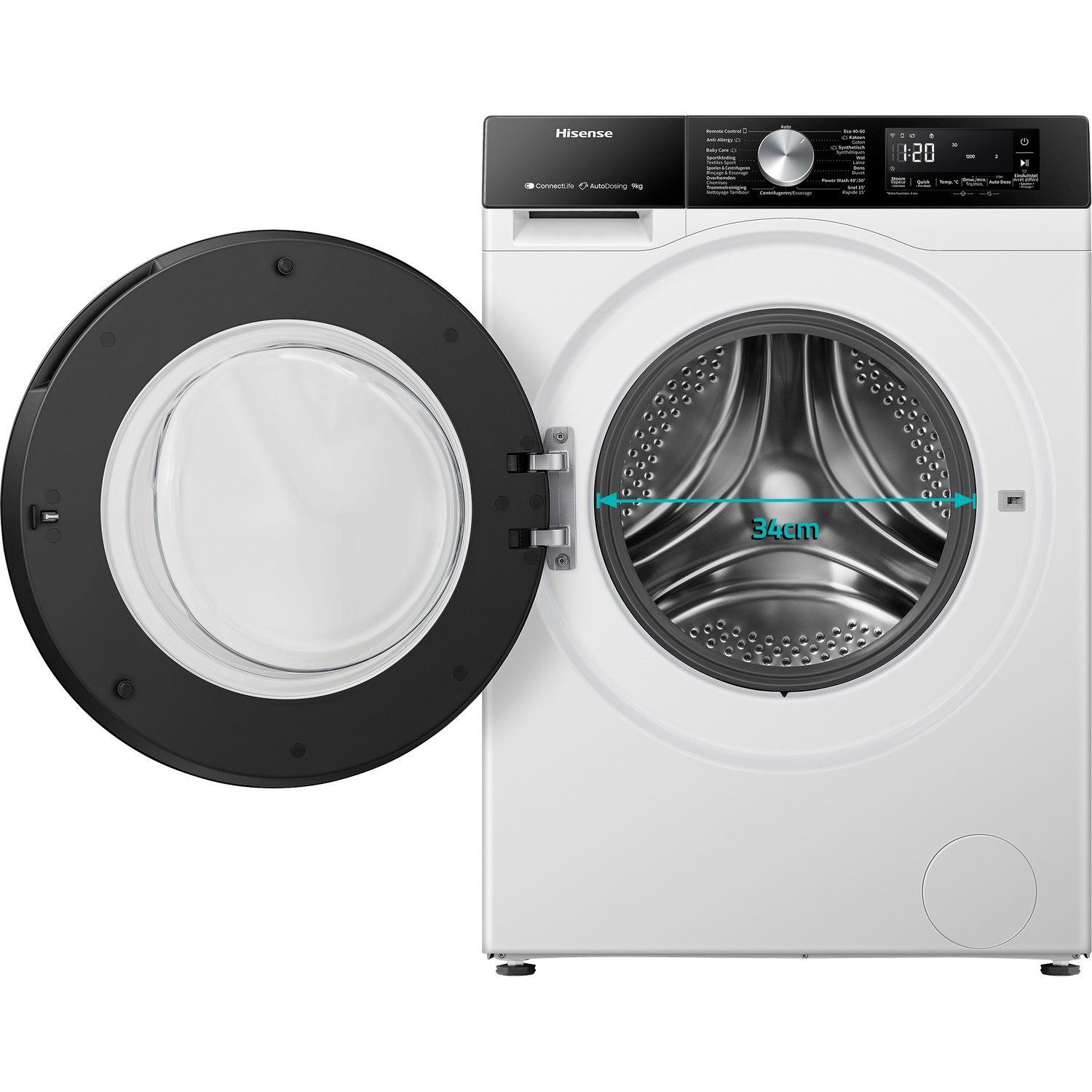 White washing machine with open door and control panel. 34cm door opening.
