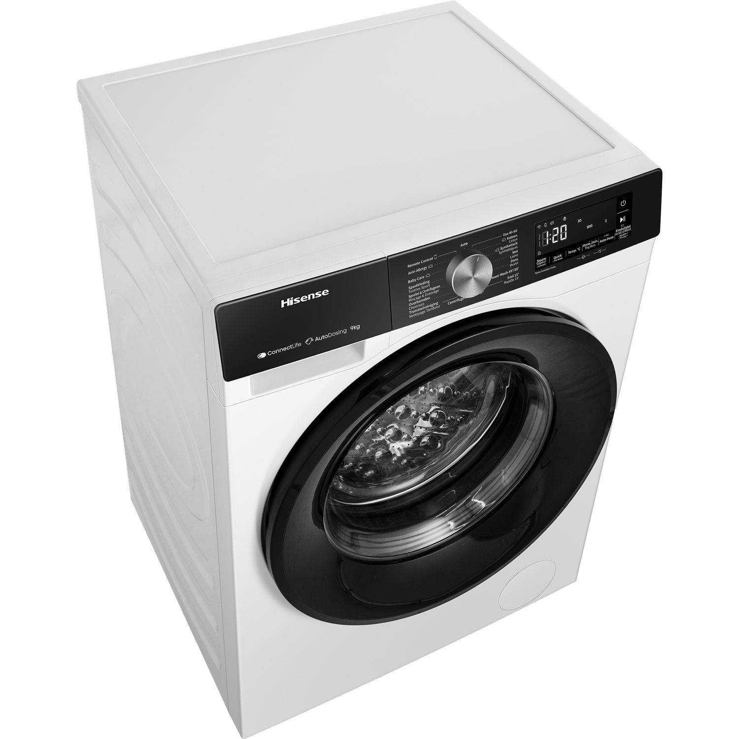 A white Hisense washing machine with a black door and control panel.