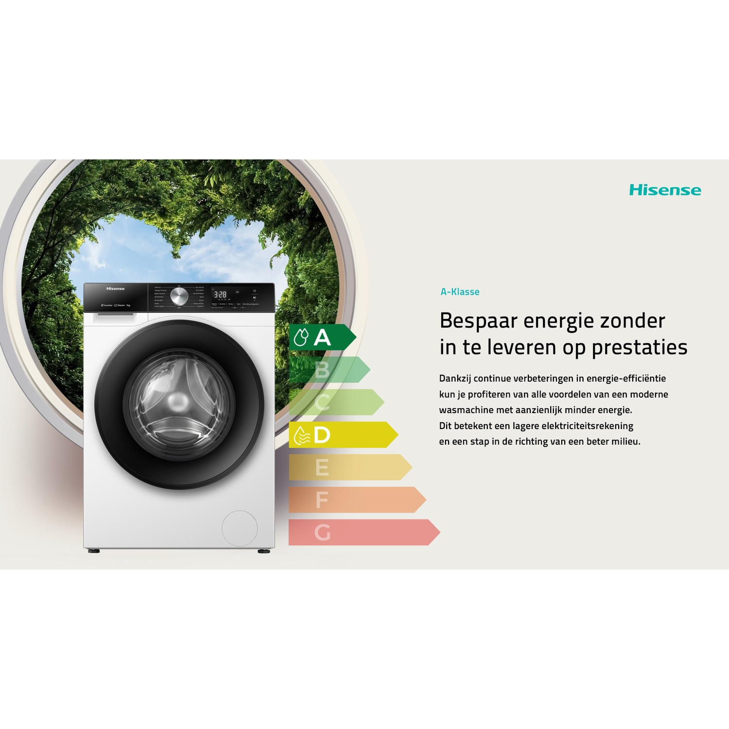 A white Hisense washing machine with energy label A, framed by a window with trees.
