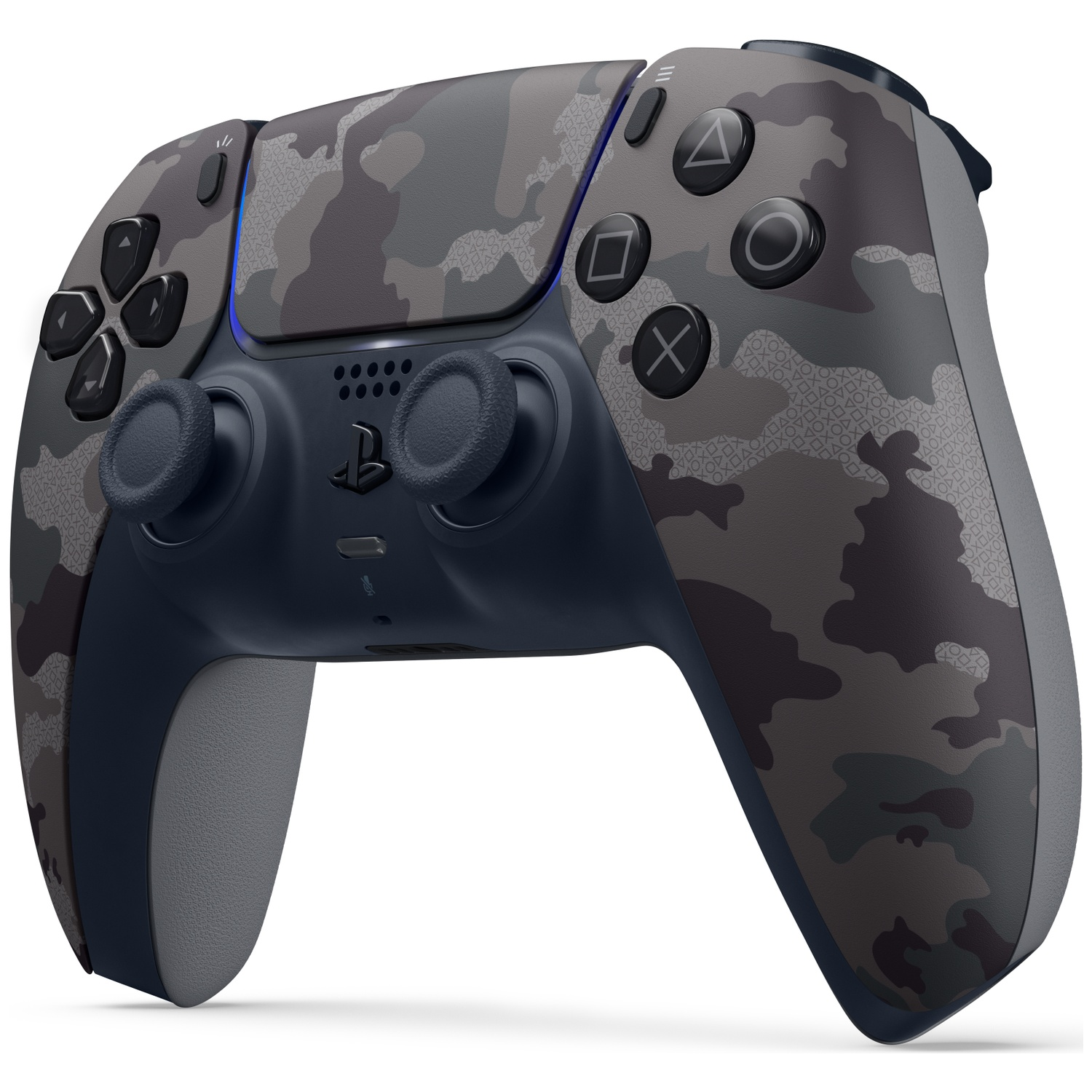 Une manette PlayStation 5 camouflage gris et noir avec des accents bleu foncé.