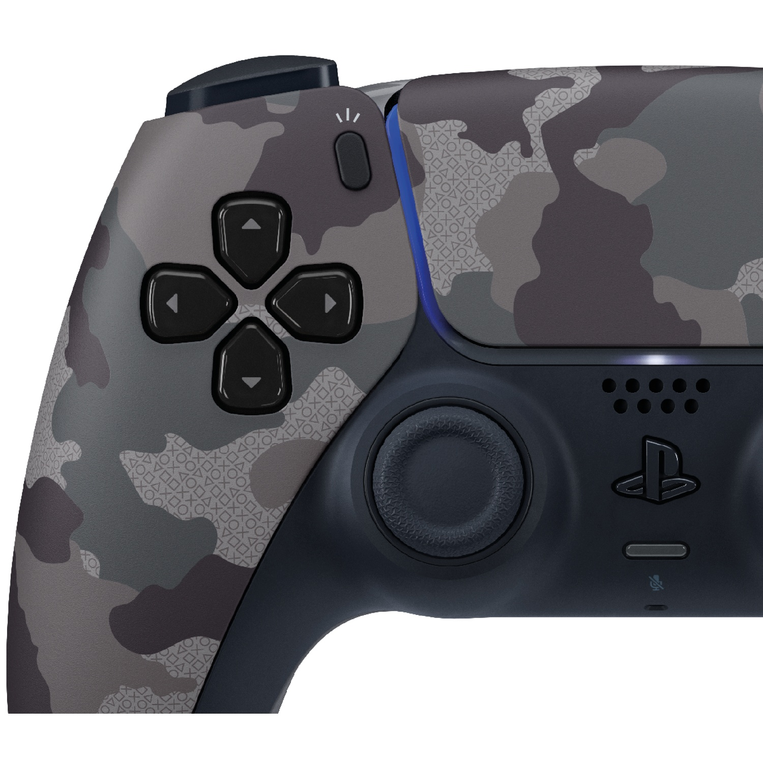 Manette grise camouflage avec boutons noirs et symboles PlayStation.