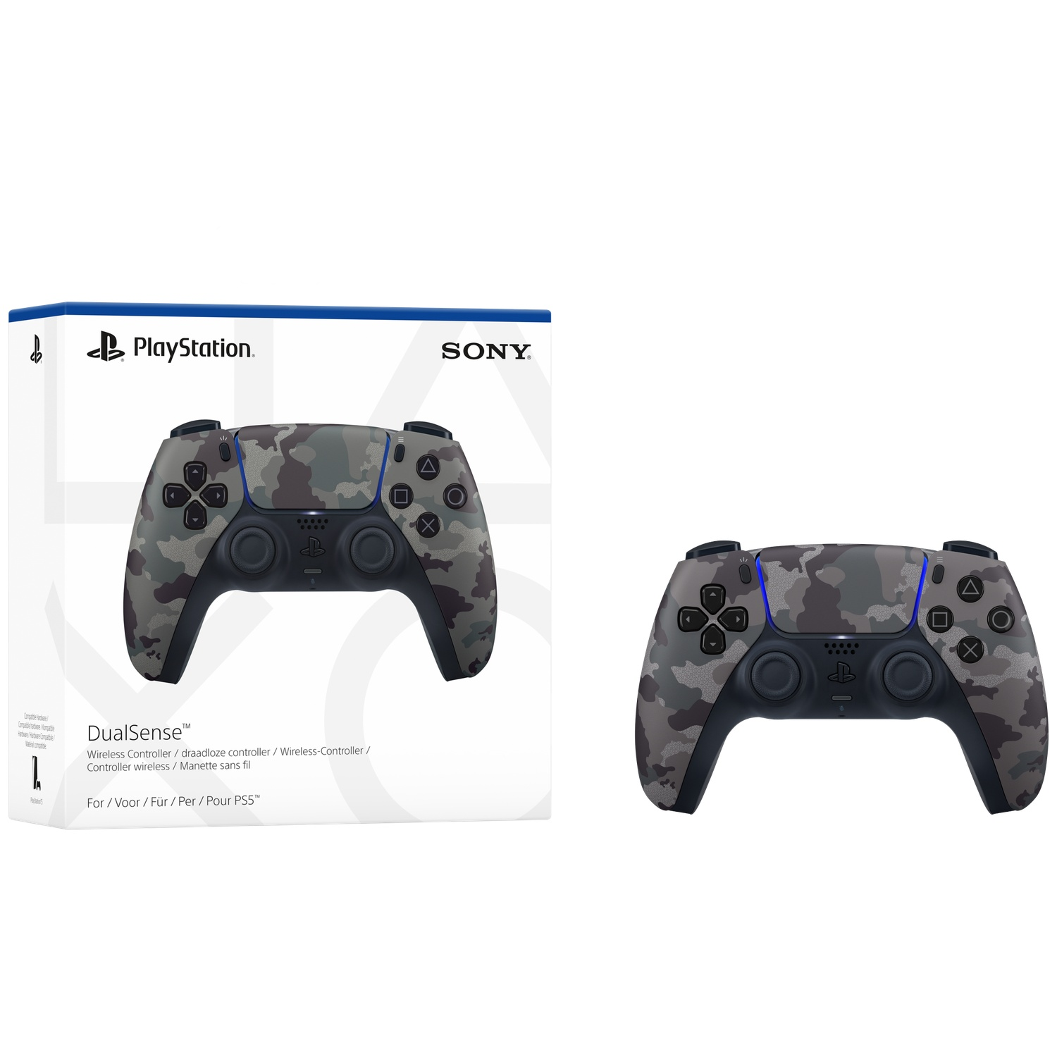 Manette DualSense PlayStation motif camouflage à côté de sa boîte.