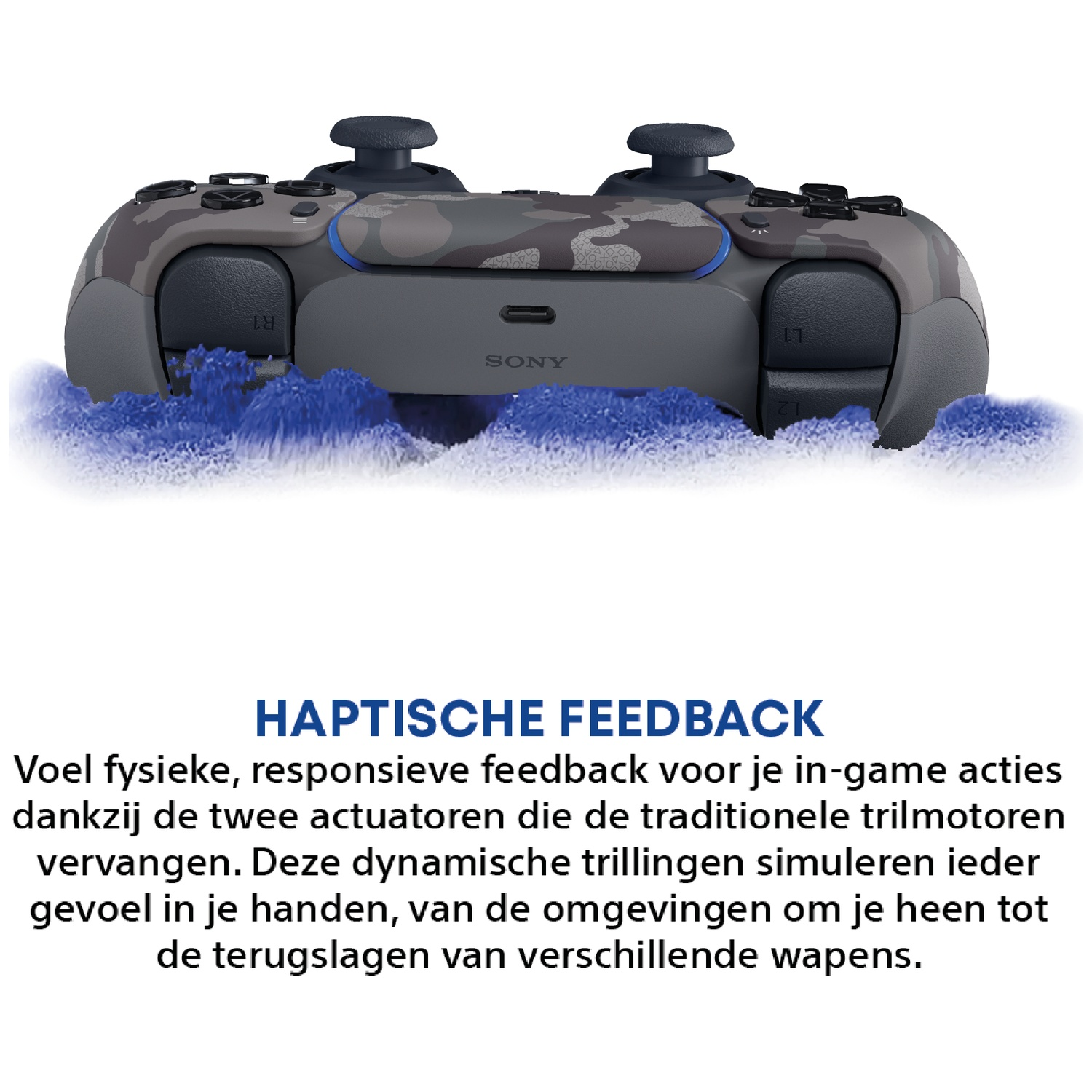 Manette Sony grise camouflage entourée de particules bleues.