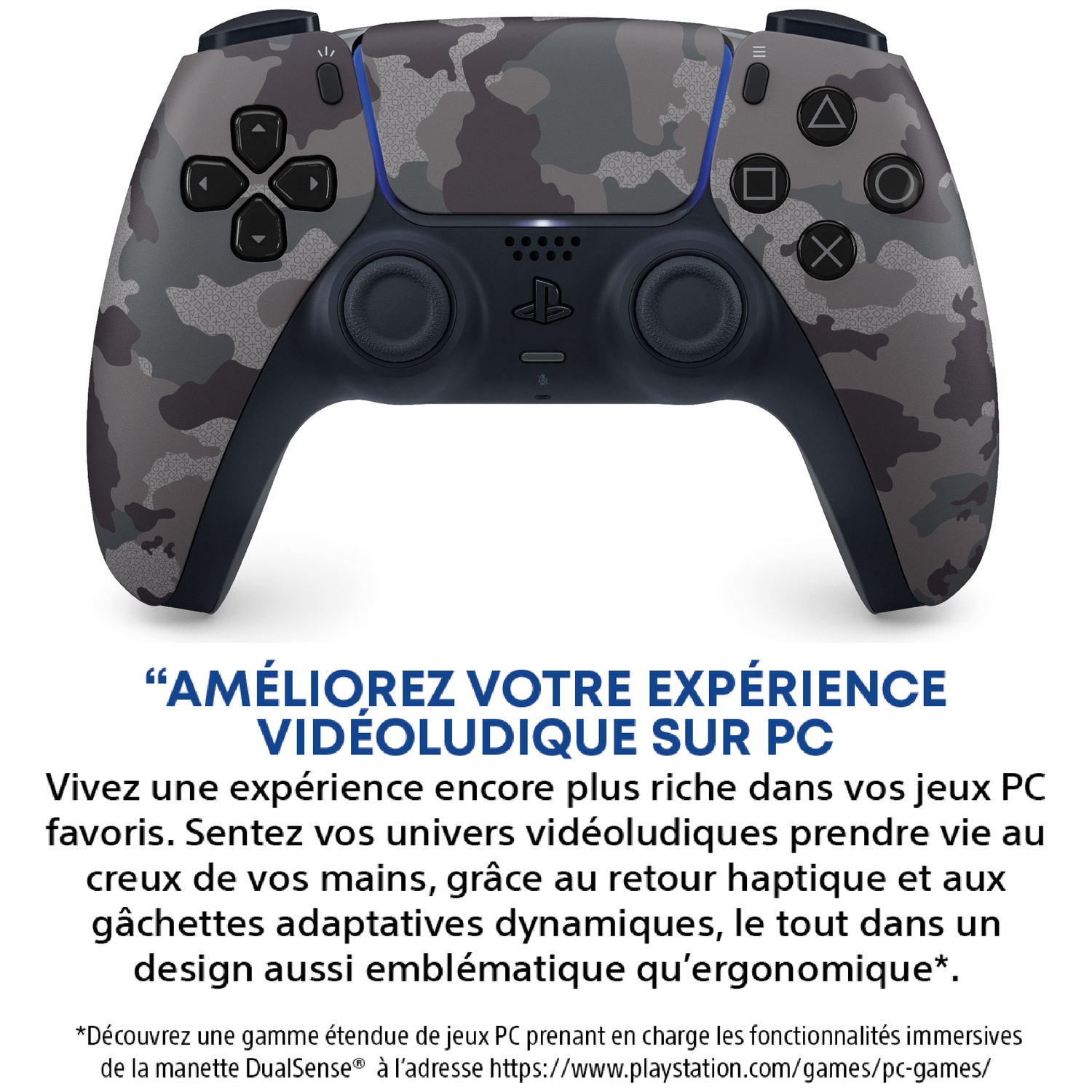 Une manette PS5 à motif camouflage, promue pour les jeux PC.