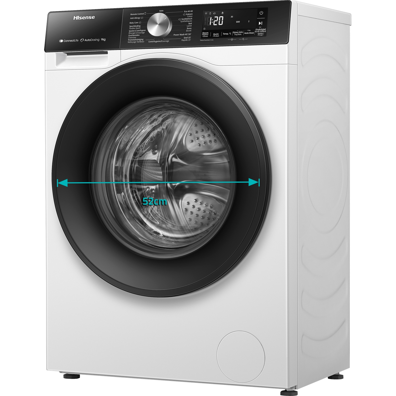 A white Hisense washing machine with a black door and control panel. 52cm diameter.