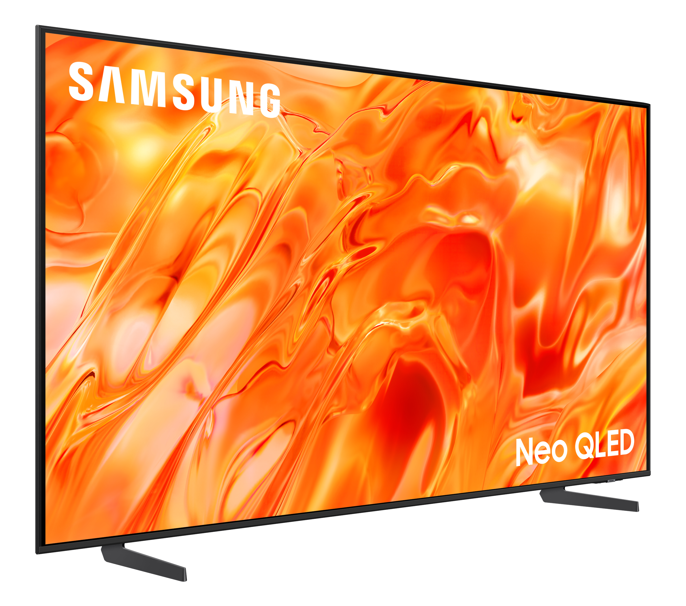 Telewizor Samsung Neo QLED z pomarańczowym, płynnym tłem.