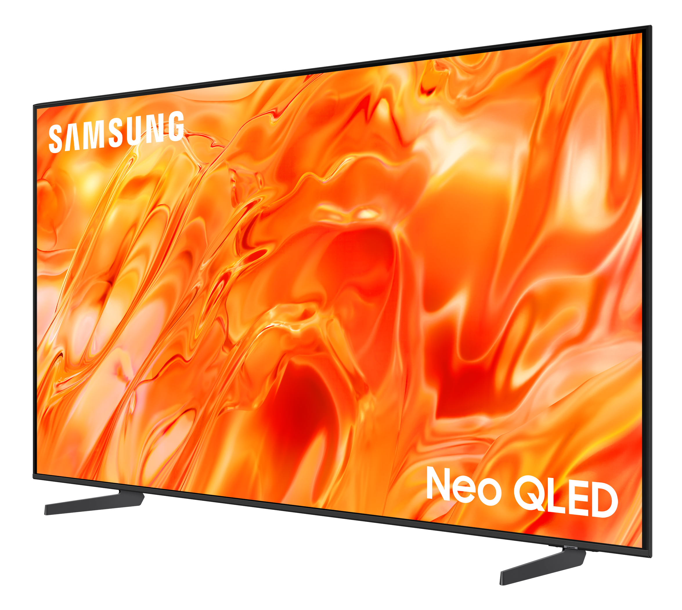 Telewizor Samsung Neo QLED ze stylizowanym pomarańczowym tłem.